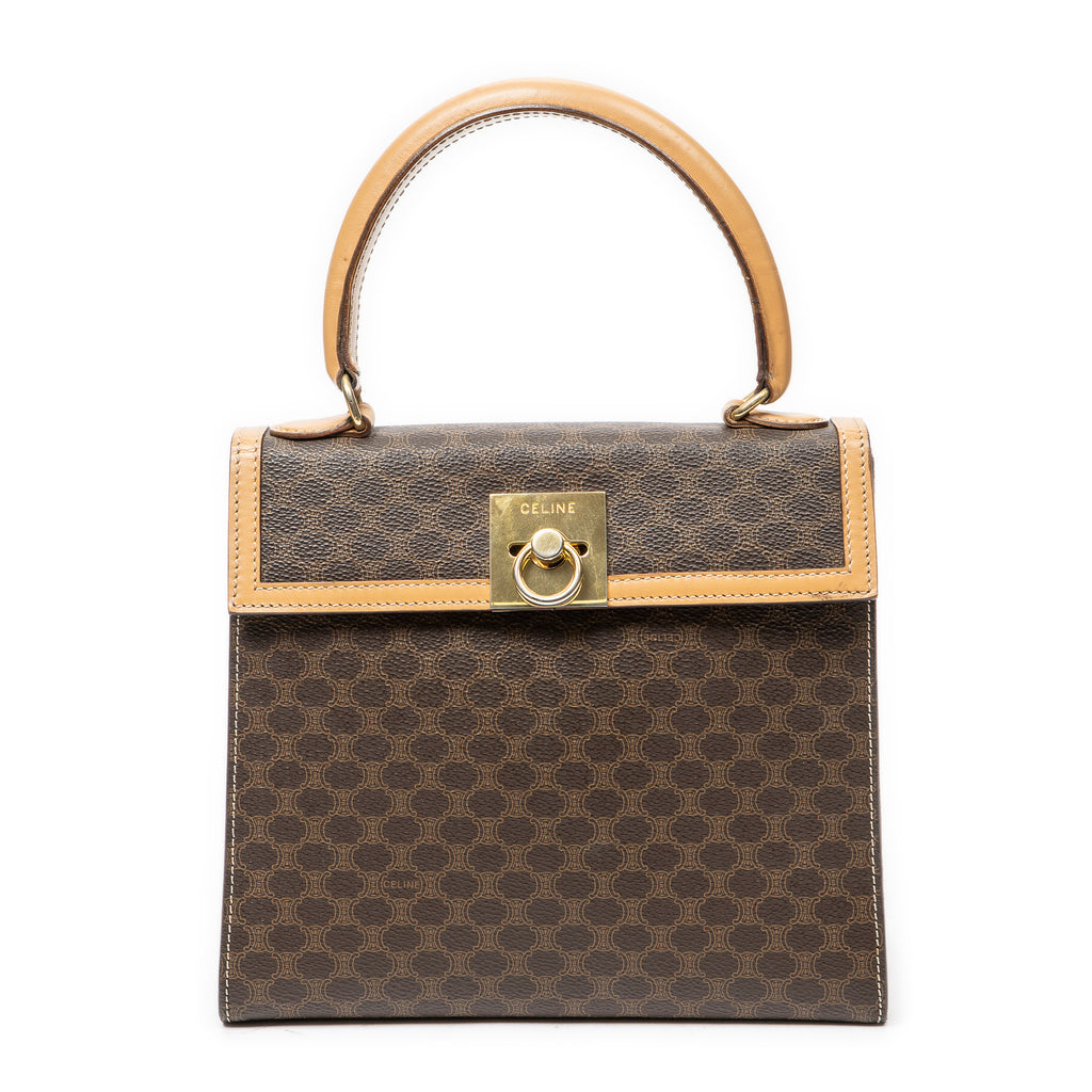 Handbag Vintage Flap Top Handle Brown Macadam Coated Canvas
