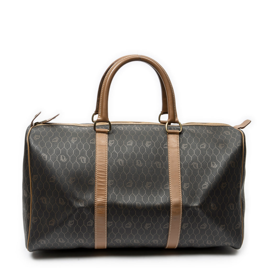 Travel Bag Medium Vintage Travel Boston Gray Honeycomb Coated Canvas