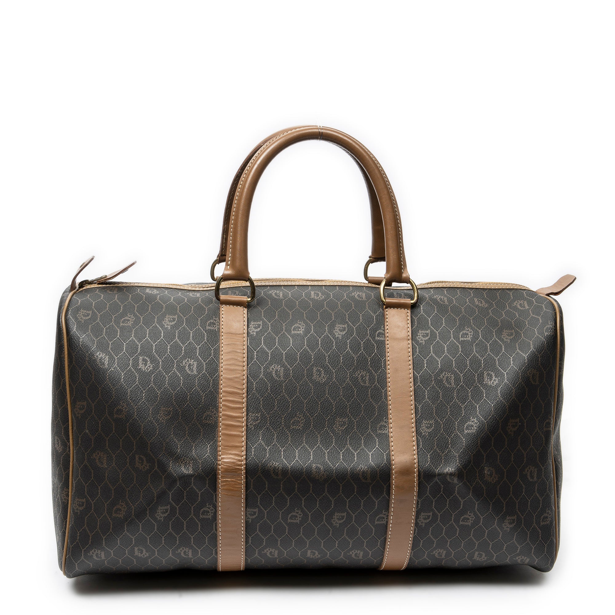 Travel Bag Medium Vintage Travel Boston Gray Honeycomb Coated Canvas