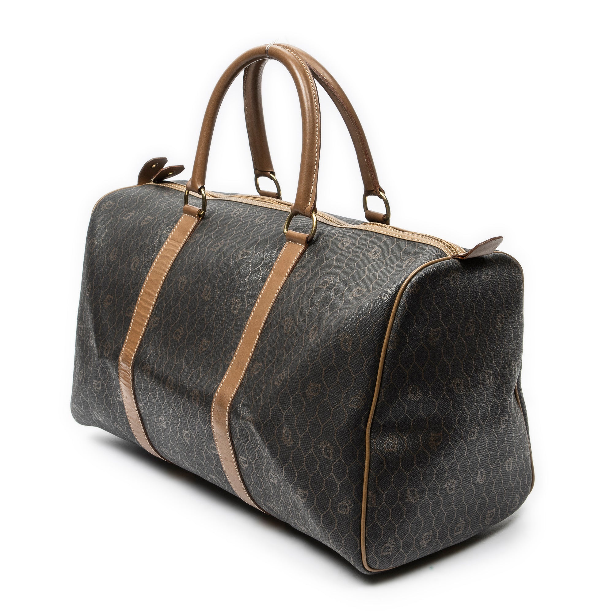 Travel Bag Medium Vintage Travel Boston Gray Honeycomb Coated Canvas