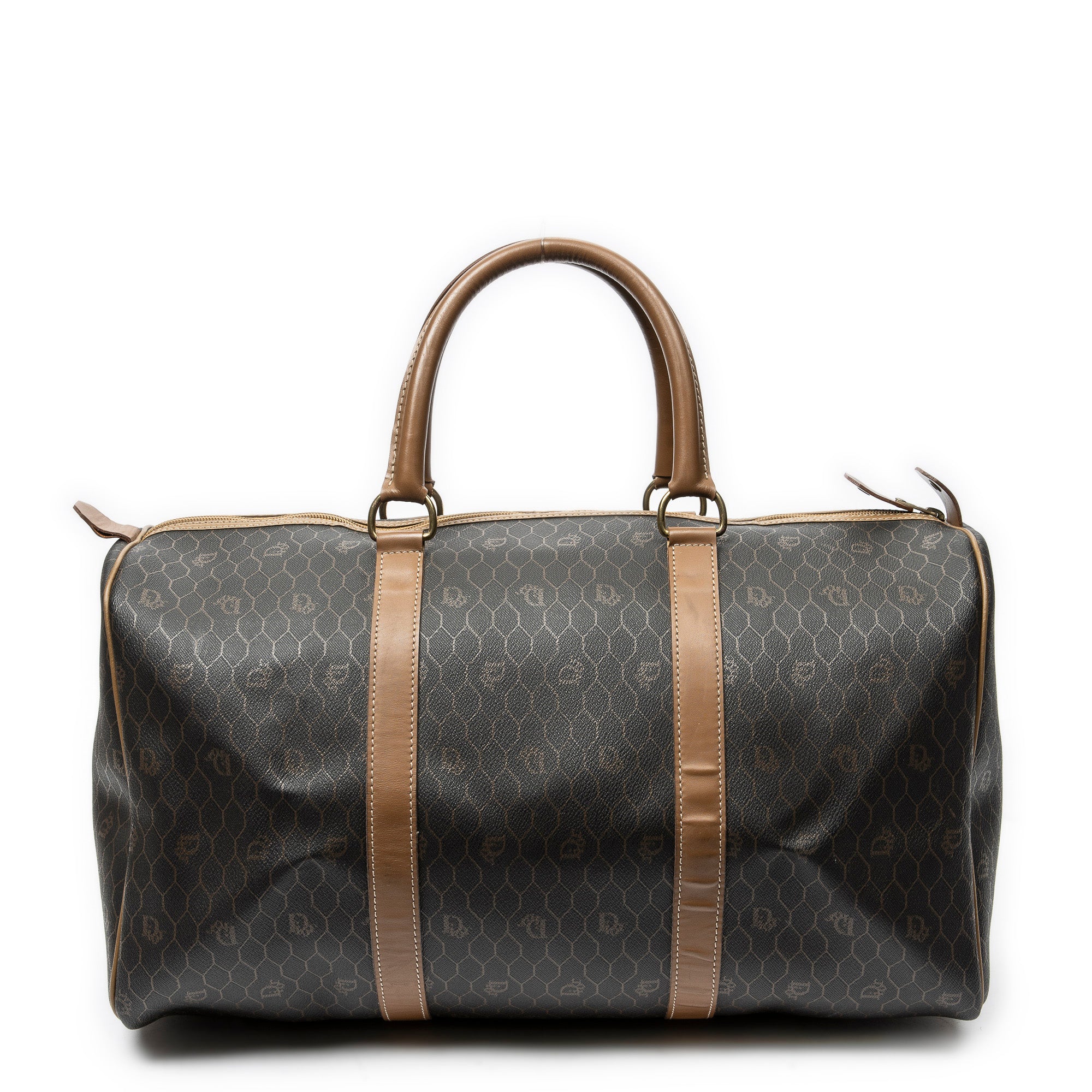 Travel Bag Medium Vintage Travel Boston Gray Honeycomb Coated Canvas
