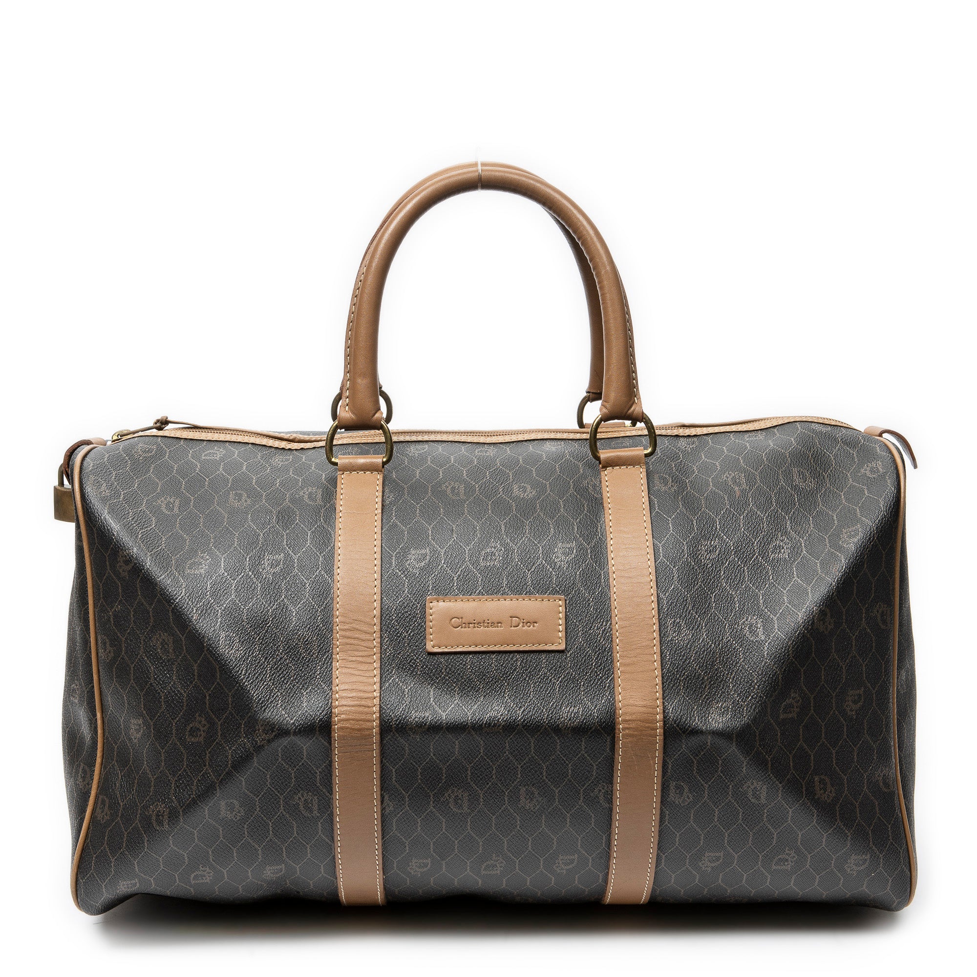Travel Bag Medium Vintage Travel Boston Gray Honeycomb Coated Canvas