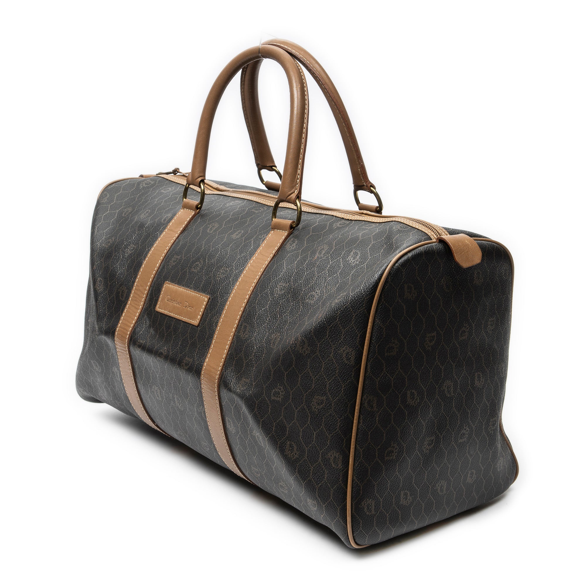 Travel Bag Medium Vintage Travel Boston Gray Honeycomb Coated Canvas
