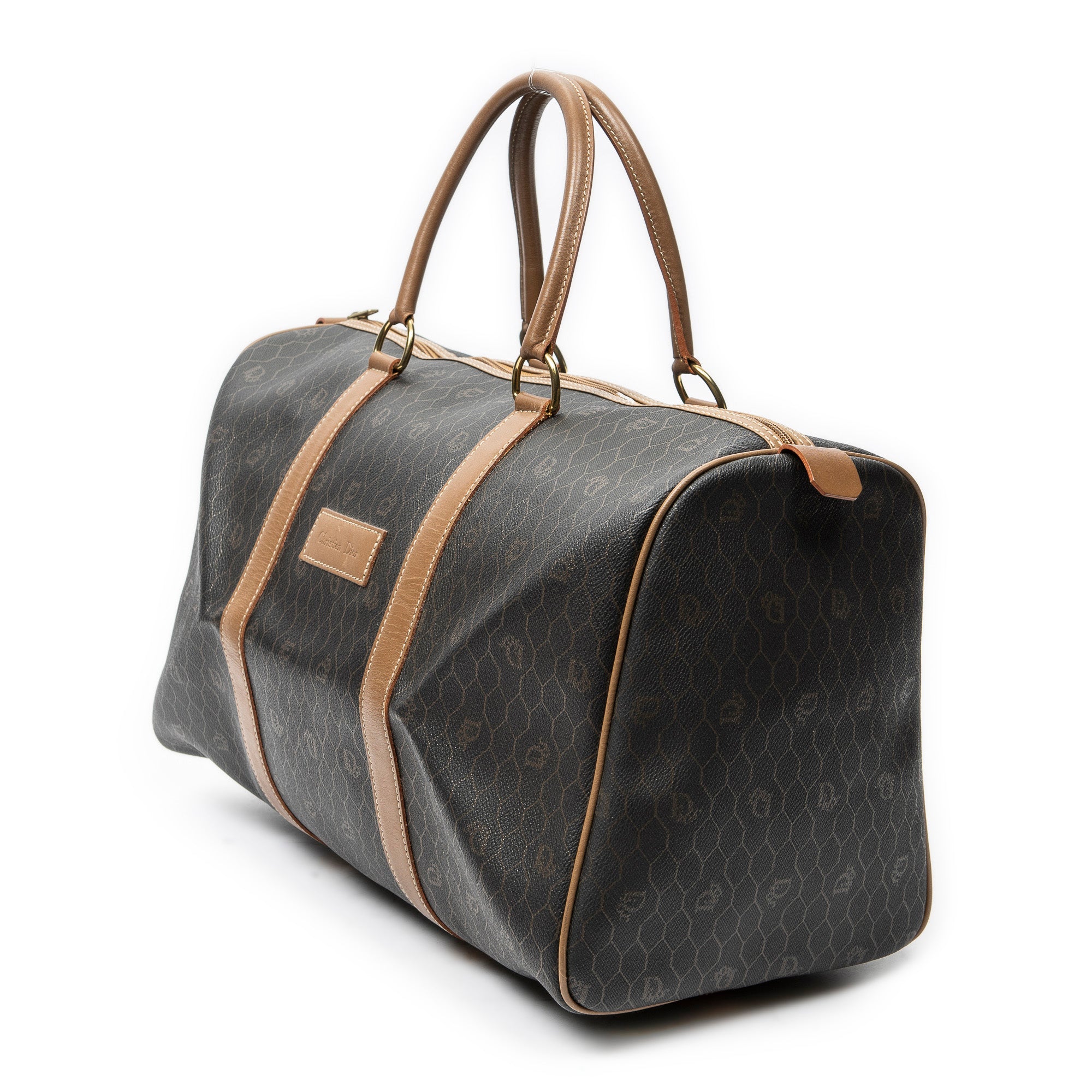 Travel Bag Medium Vintage Travel Boston Gray Honeycomb Coated Canvas