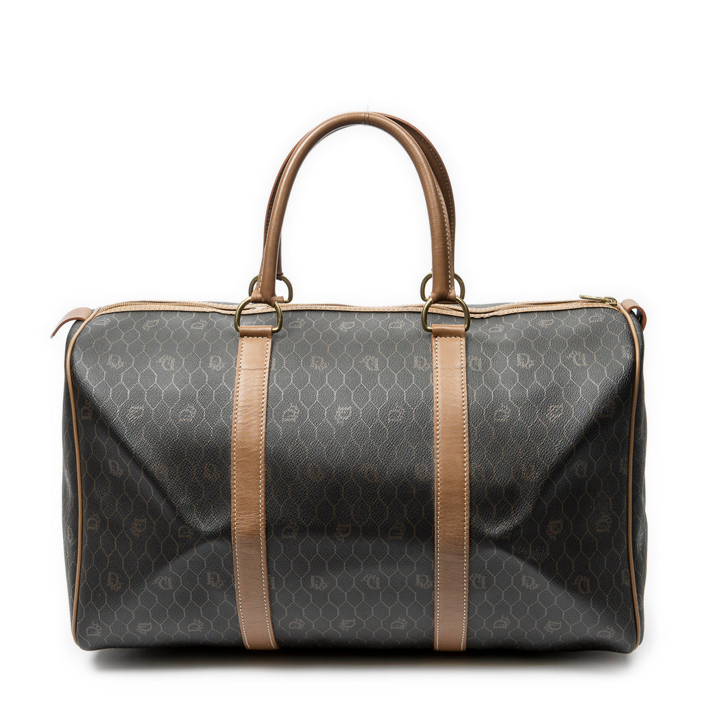 Travel Bag Medium Vintage Travel Boston Gray Honeycomb Coated Canvas