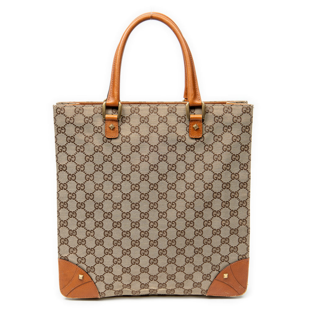 Shoulder Bag Nailhead Tote Beige Monogrammed Canvas