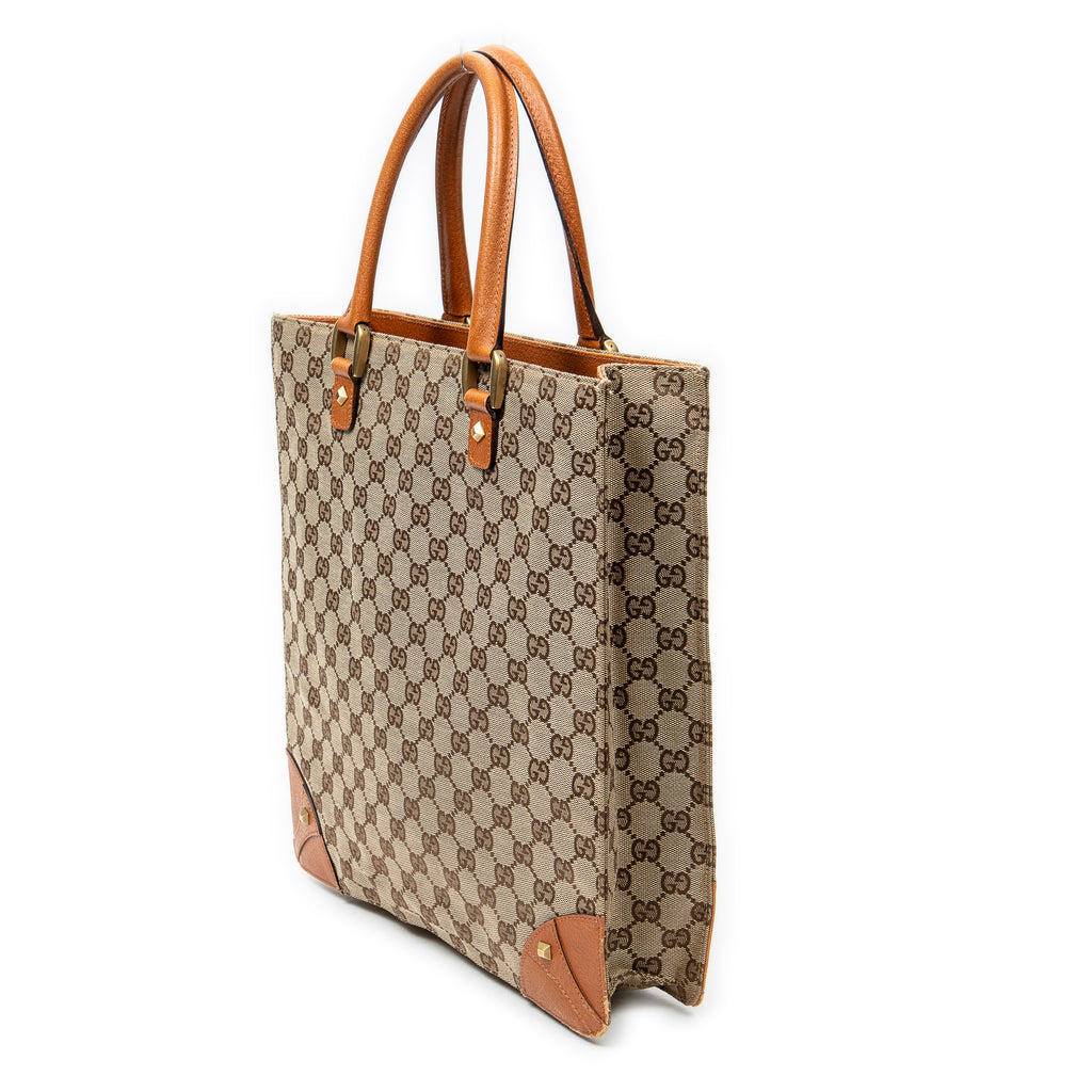Shoulder Bag Nailhead Tote Beige Monogrammed Canvas