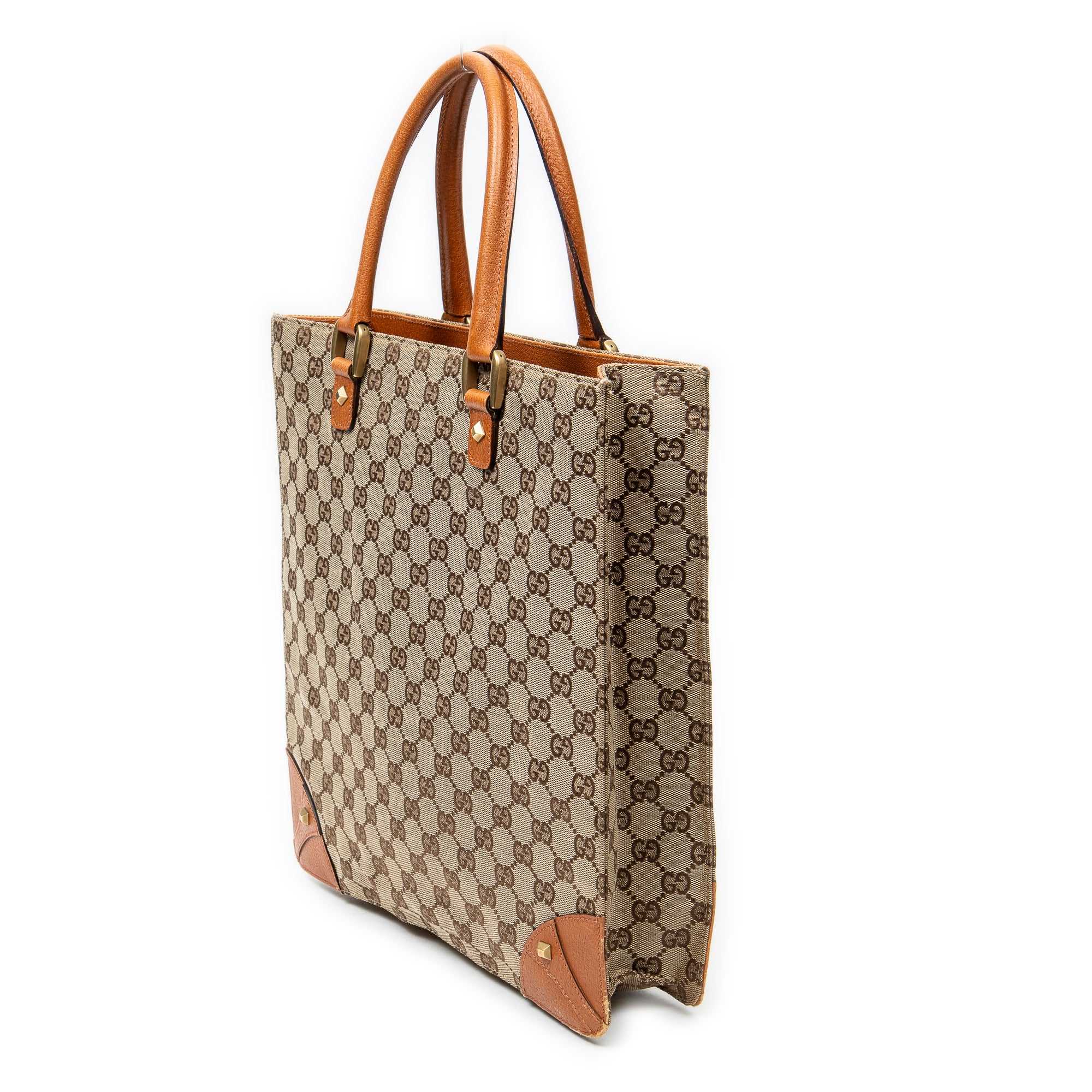 Shoulder Bag Nailhead Tote Beige Monogrammed Canvas