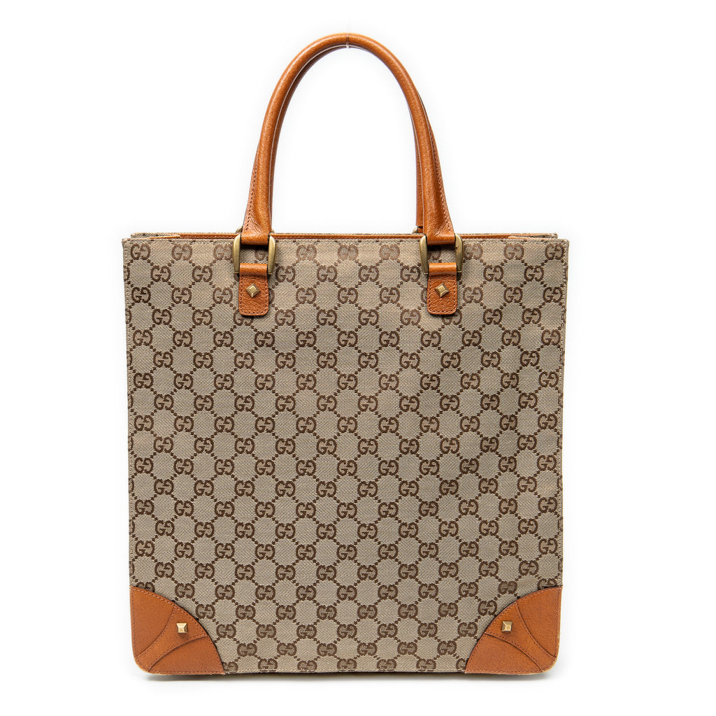 Shoulder Bag Nailhead Tote Beige Monogrammed Canvas