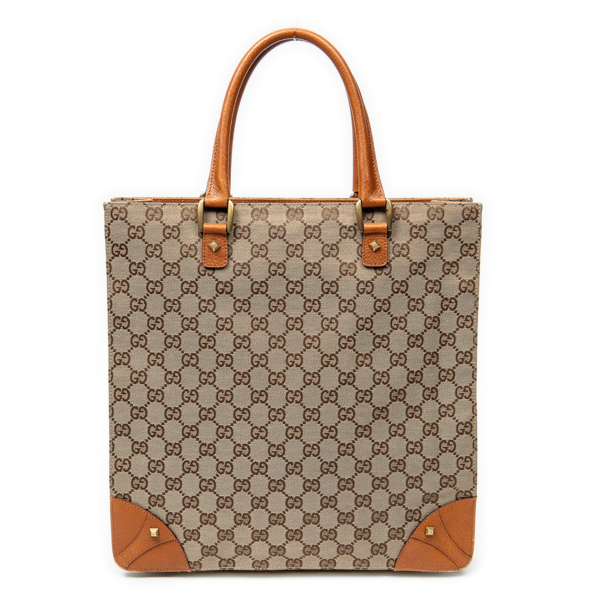 Shoulder Bag Nailhead Tote Beige Monogrammed Canvas