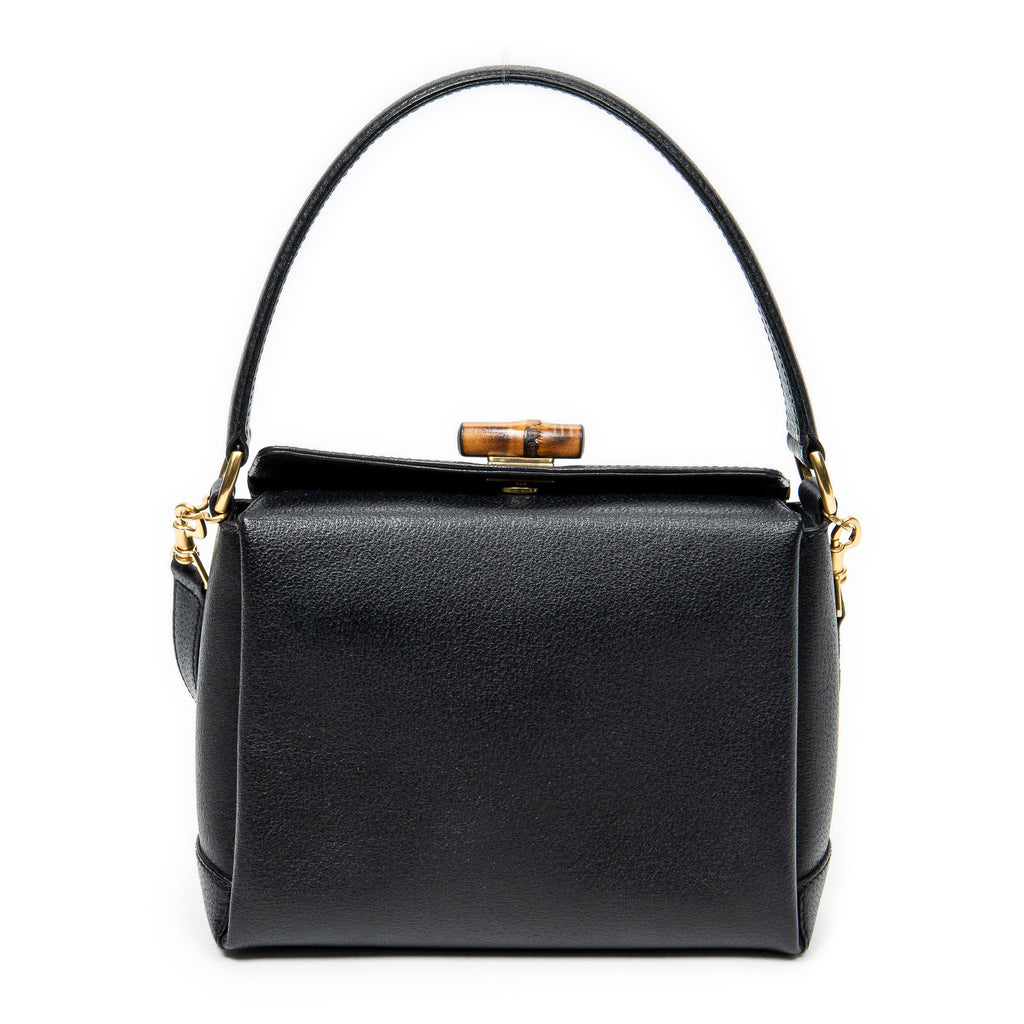 Shoulder Bag Bamboo Turnlock Top Handle Black Calfskin Leather