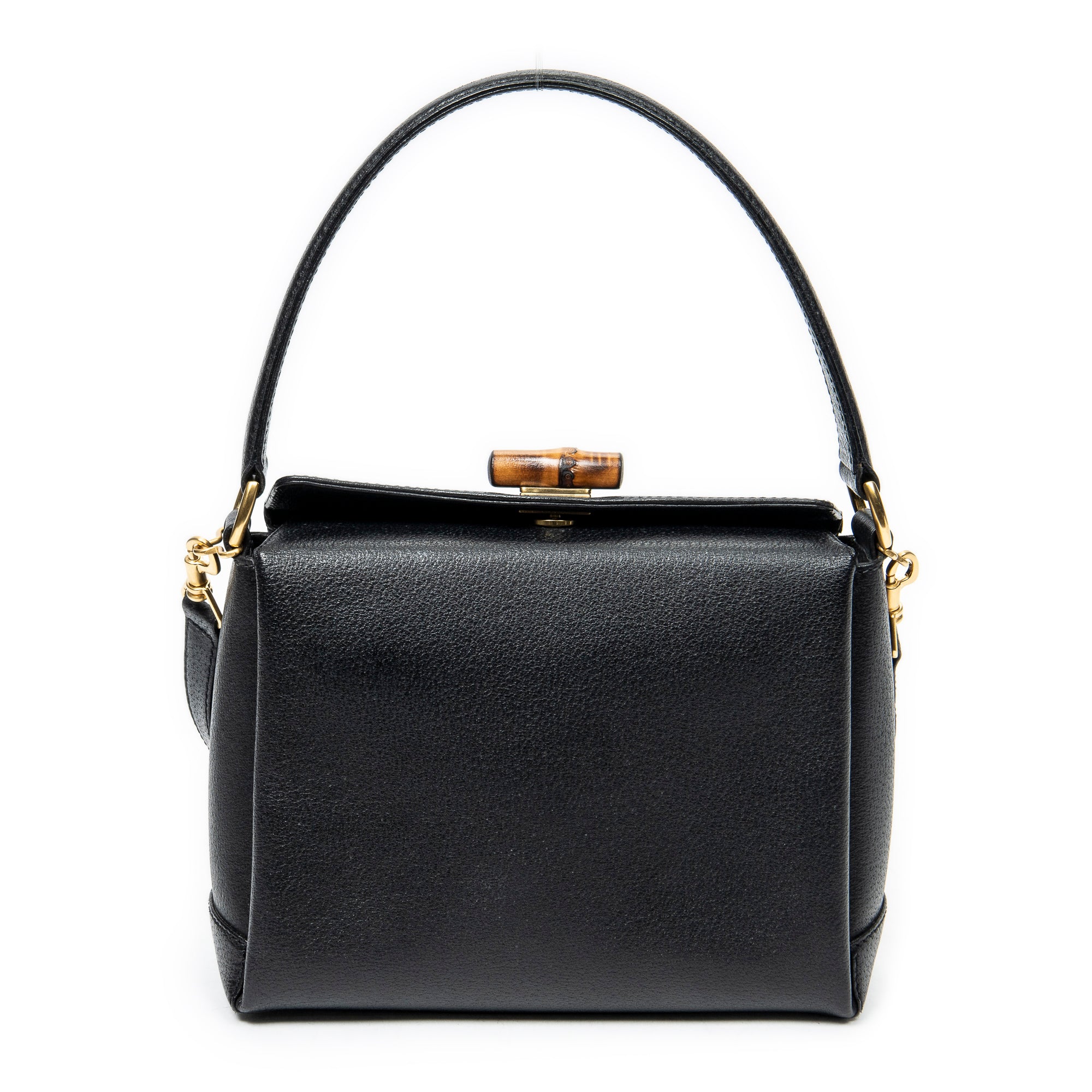 Shoulder Bag Bamboo Turnlock Top Handle Black Calfskin Leather