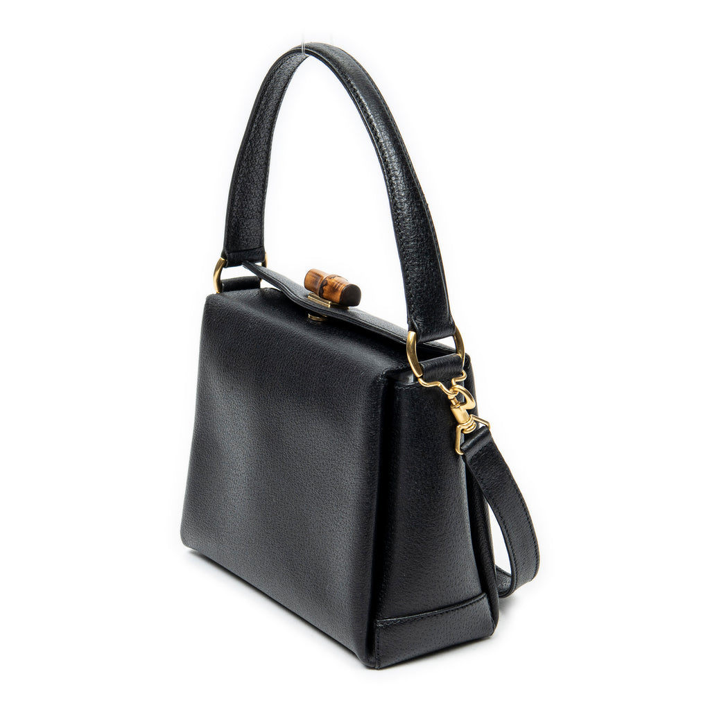 Shoulder Bag Bamboo Turnlock Top Handle Black Calfskin Leather