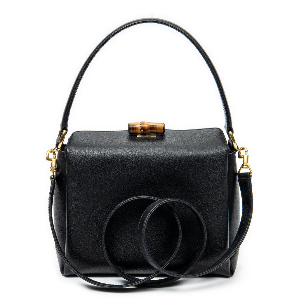Shoulder Bag Bamboo Turnlock Top Handle Black Calfskin Leather