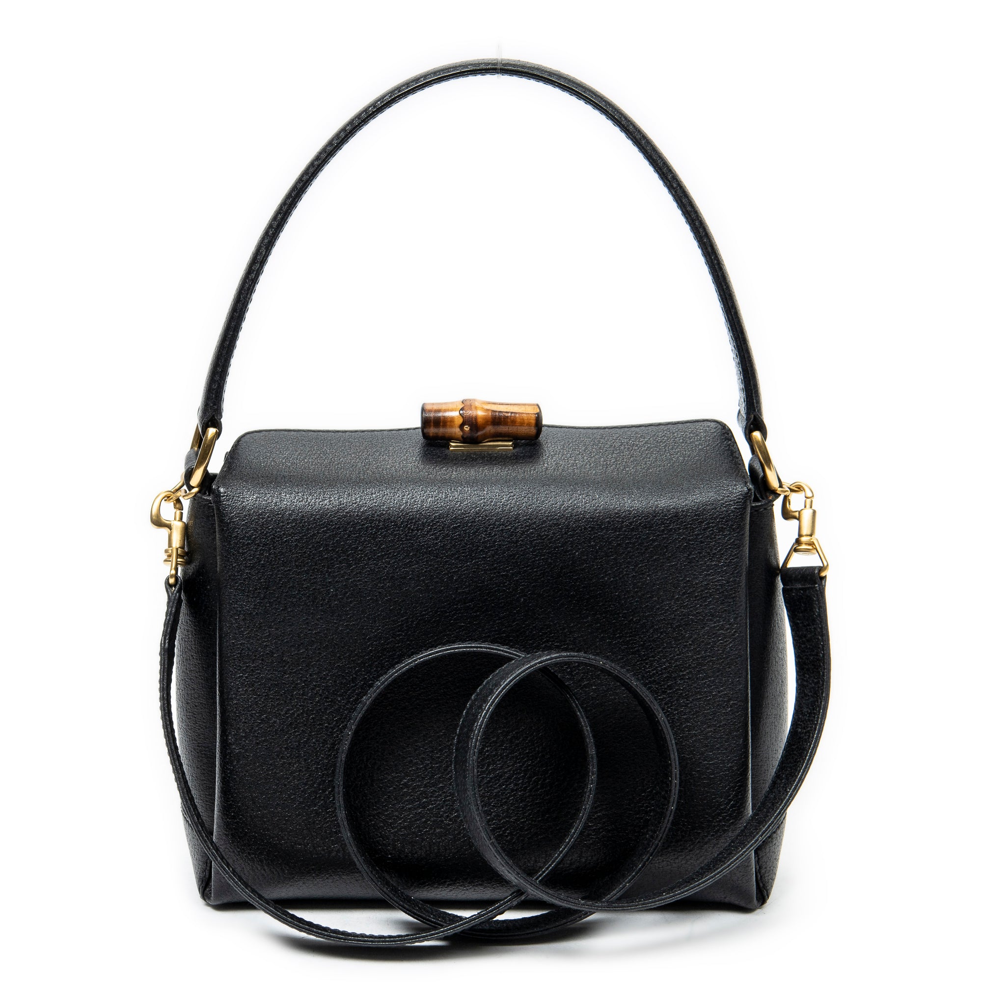 Shoulder Bag Bamboo Turnlock Top Handle Black Calfskin Leather