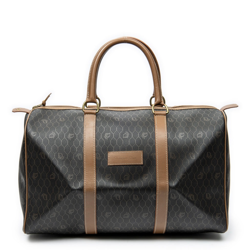 Travel Bag Medium Vintage Travel Boston Dark Brown Honeycomb Coated Canvas