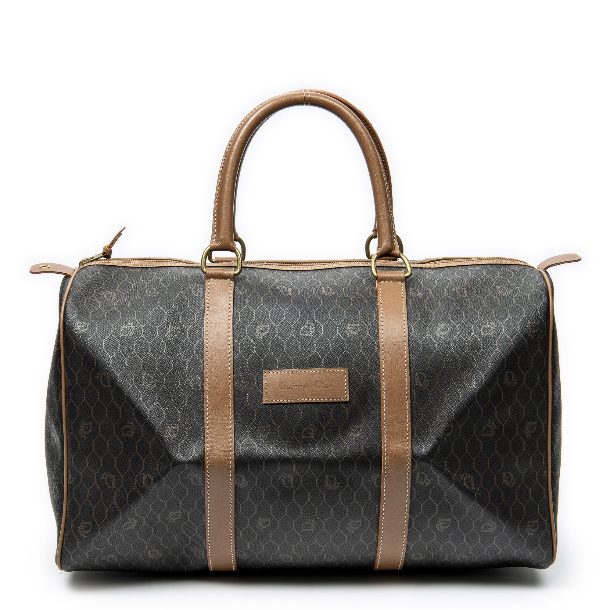 Travel Bag Medium Vintage Travel Boston Dark Brown Honeycomb Coated Canvas
