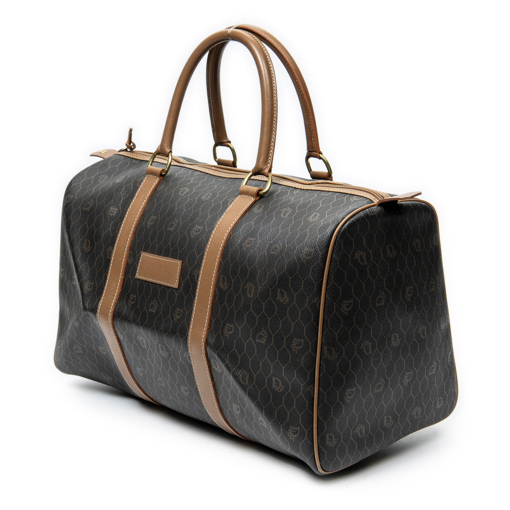 Travel Bag Medium Vintage Travel Boston Dark Brown Honeycomb Coated Canvas