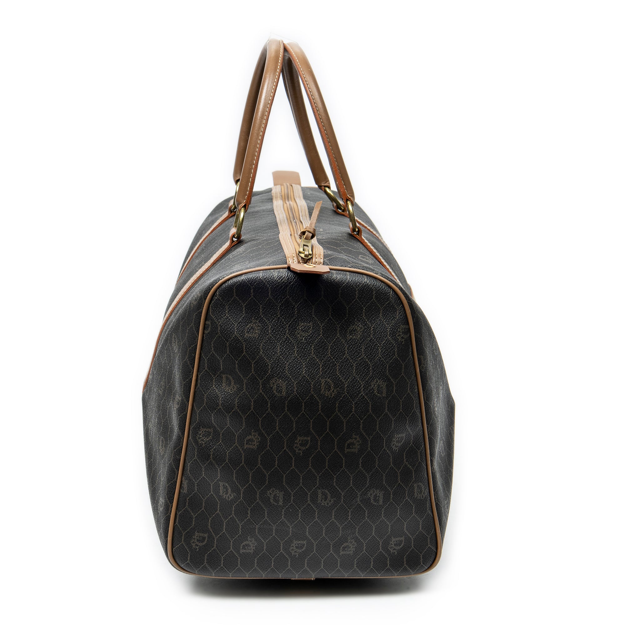 Travel Bag Medium Vintage Travel Boston Dark Brown Honeycomb Coated Canvas