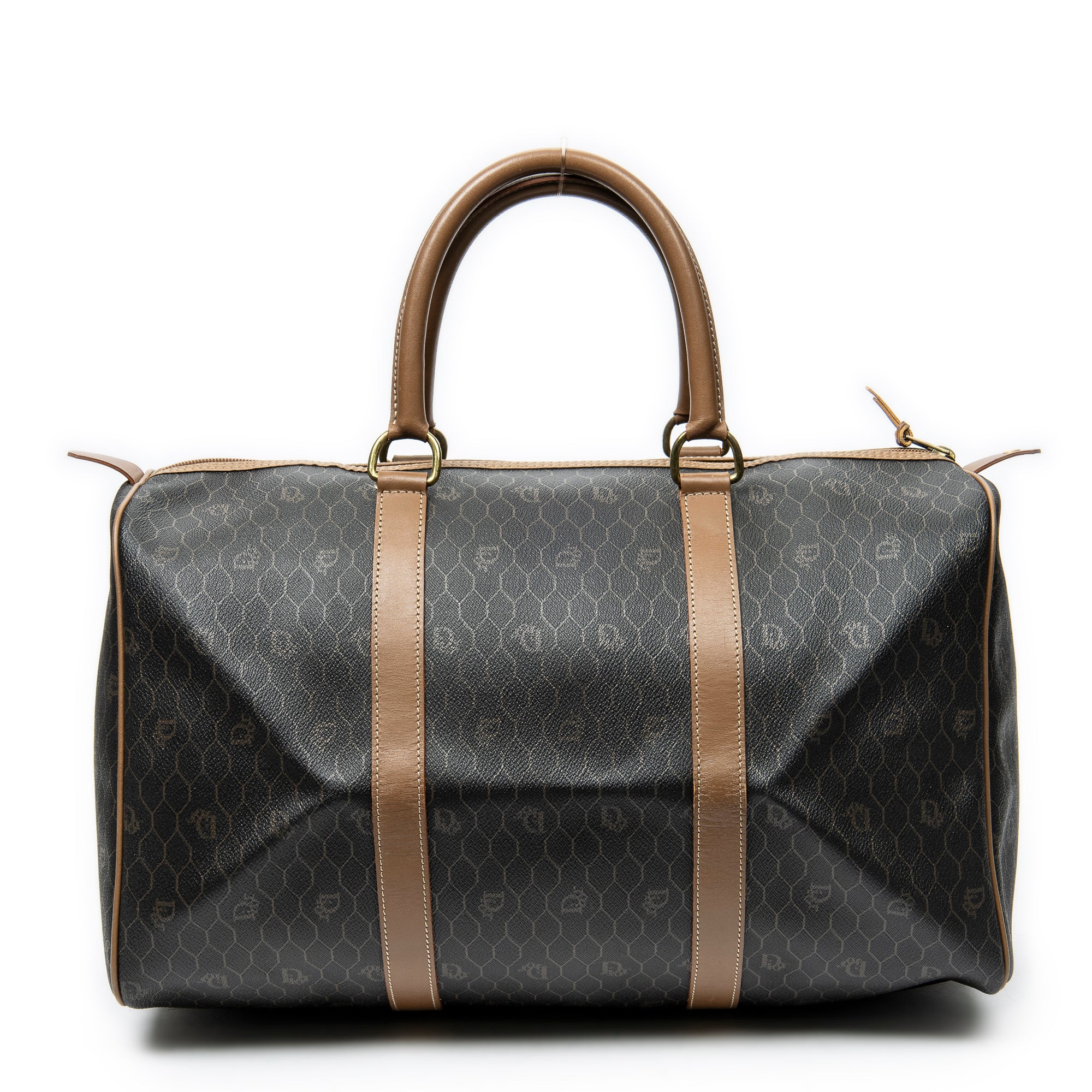 Travel Bag Medium Vintage Travel Boston Dark Brown Honeycomb Coated Canvas