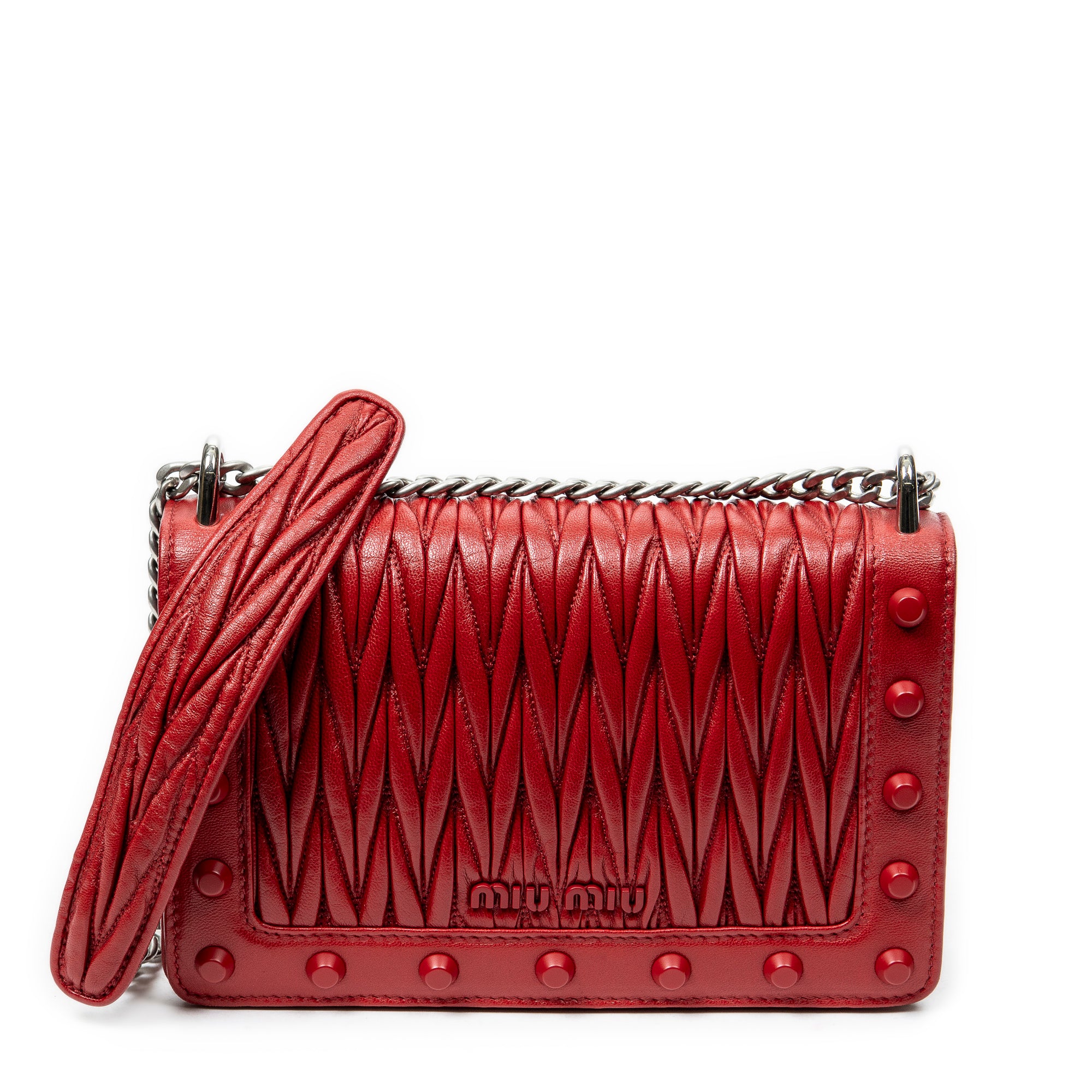 Shoulder Bag Chain Flap Red Nappa Matelasse Leather