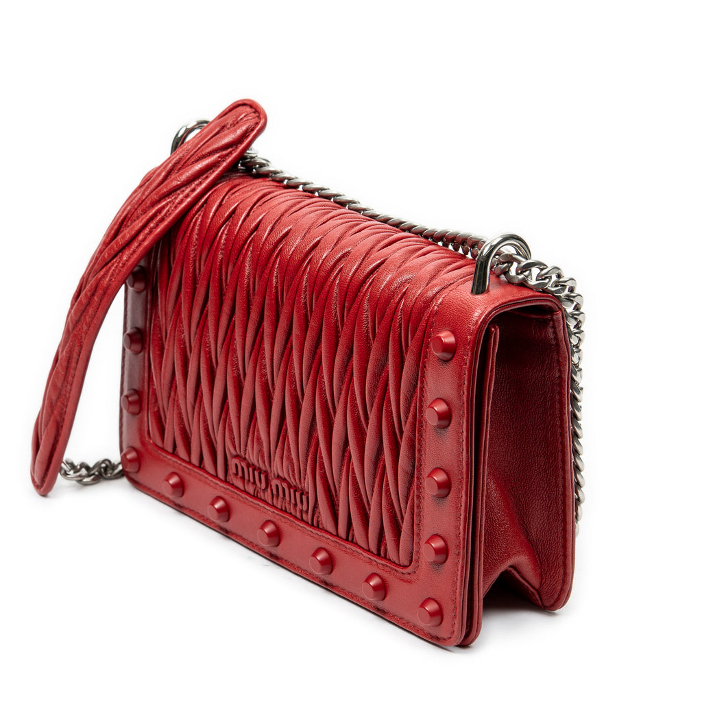 Shoulder Bag Chain Flap Red Nappa Matelasse Leather
