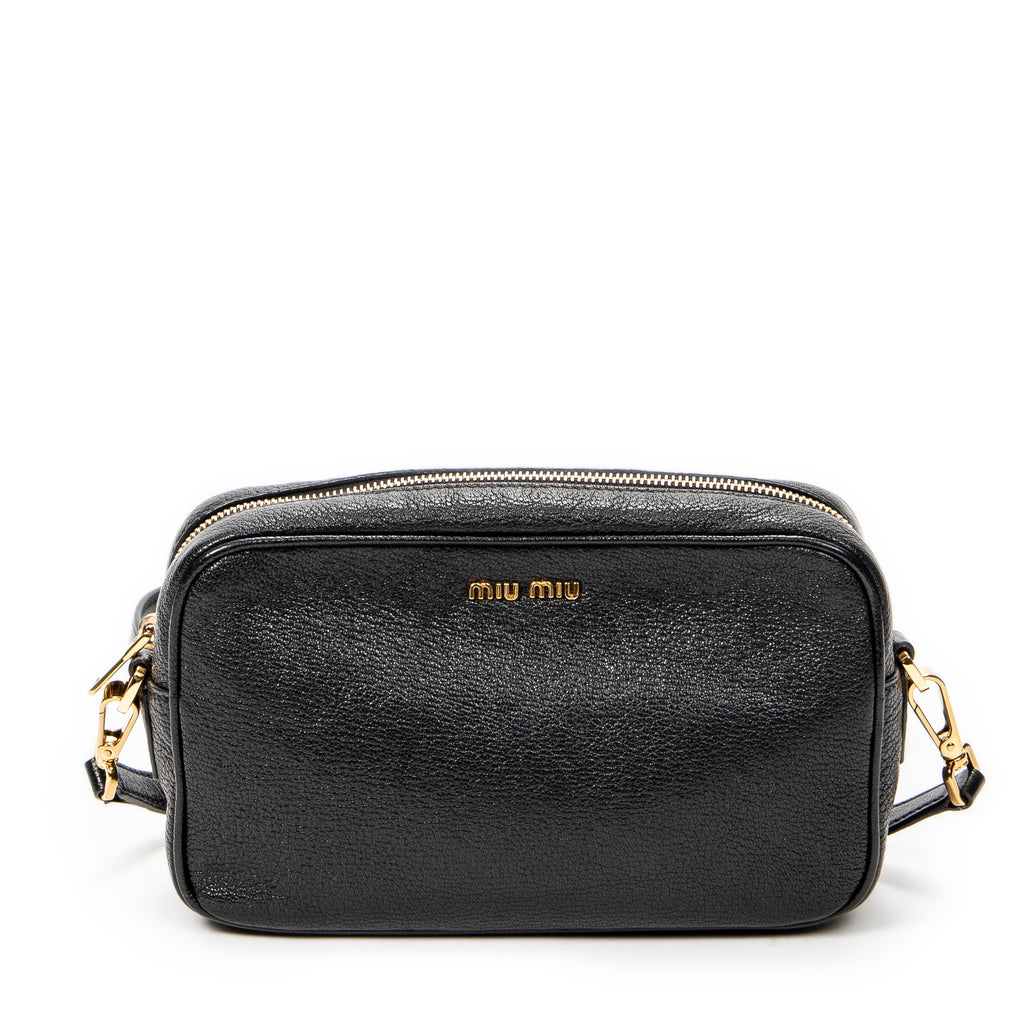 Shoulder Bag Zip Camera Crossbody Black Goatskin Leather