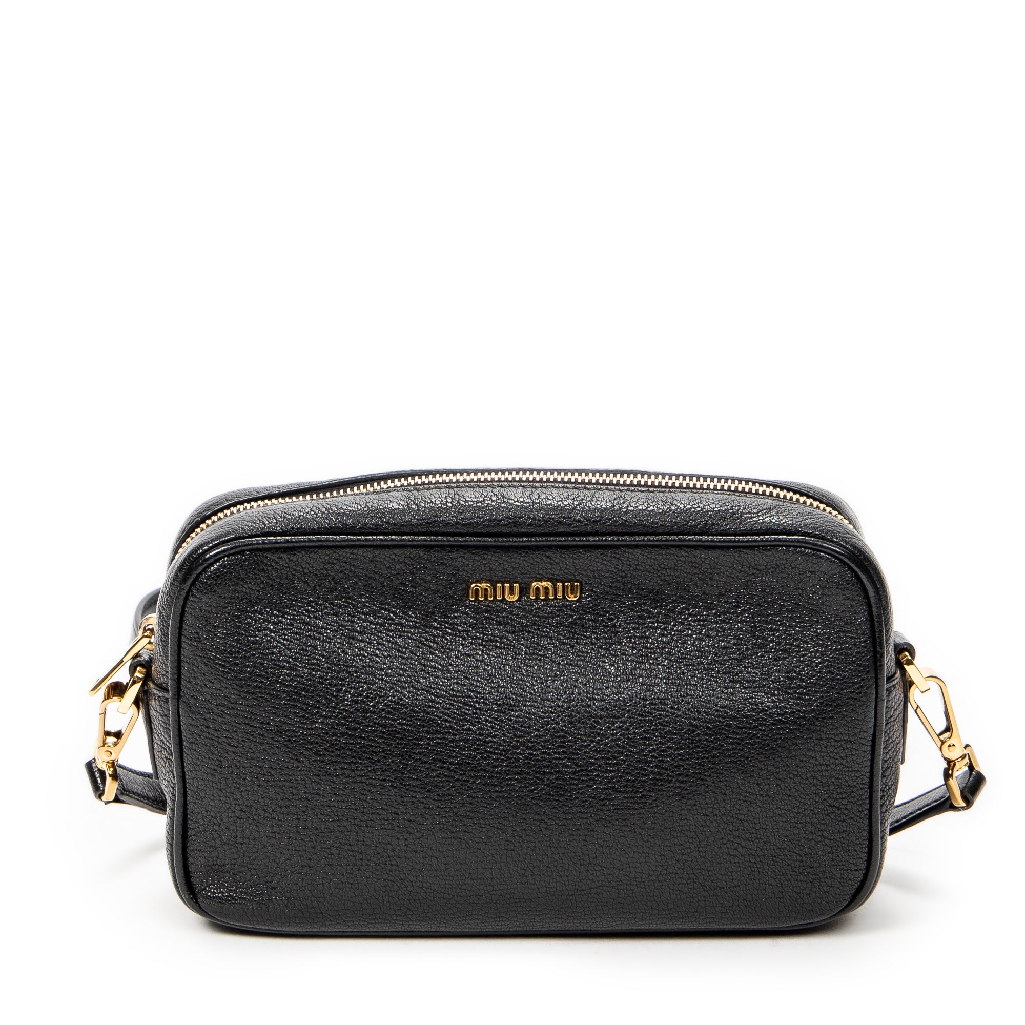 Shoulder Bag Zip Camera Crossbody Black Goatskin Leather