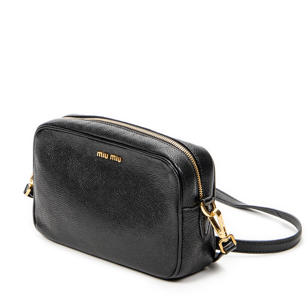 Shoulder Bag Zip Camera Crossbody Black Goatskin Leather