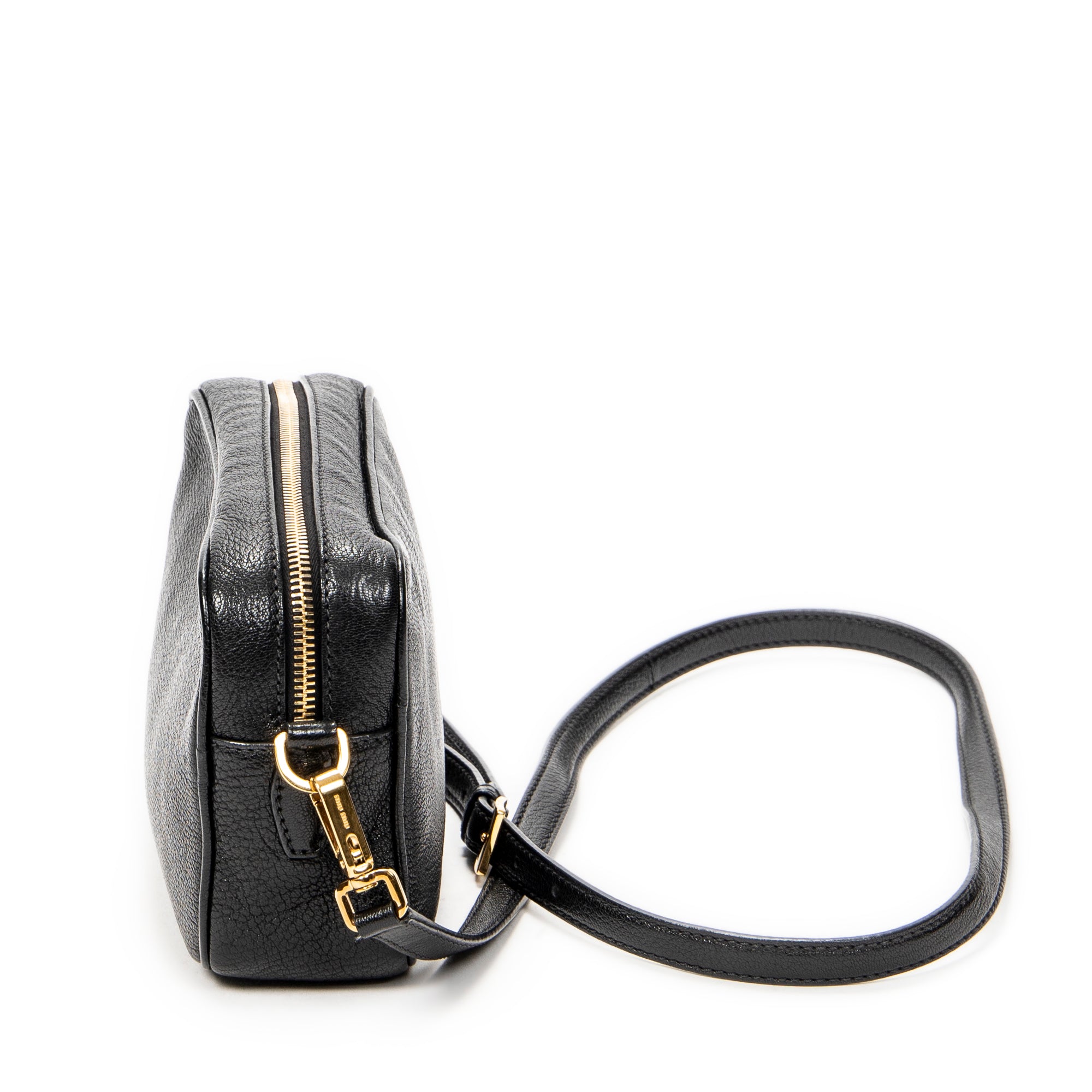 Shoulder Bag Zip Camera Crossbody Black Goatskin Leather