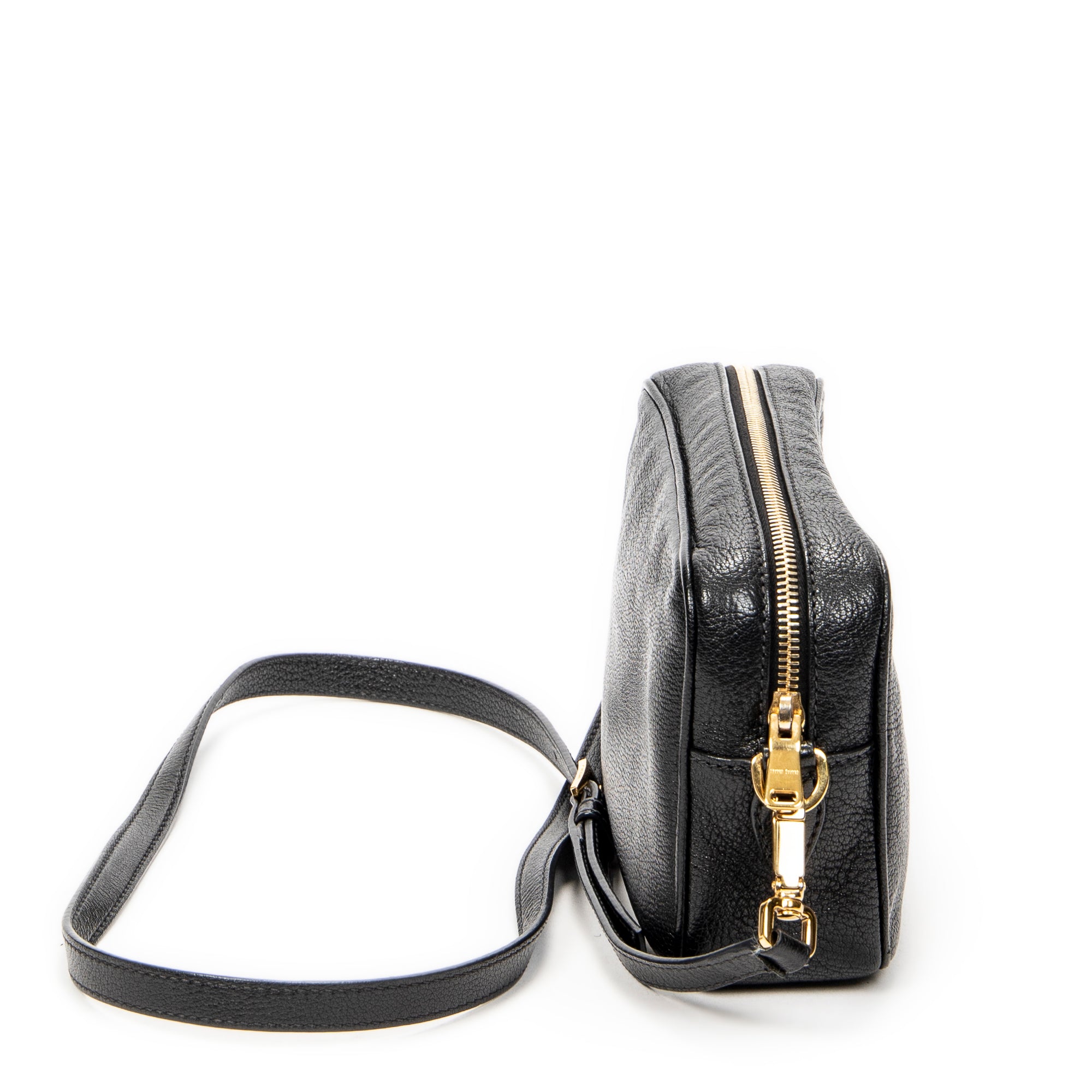 Shoulder Bag Zip Camera Crossbody Black Goatskin Leather