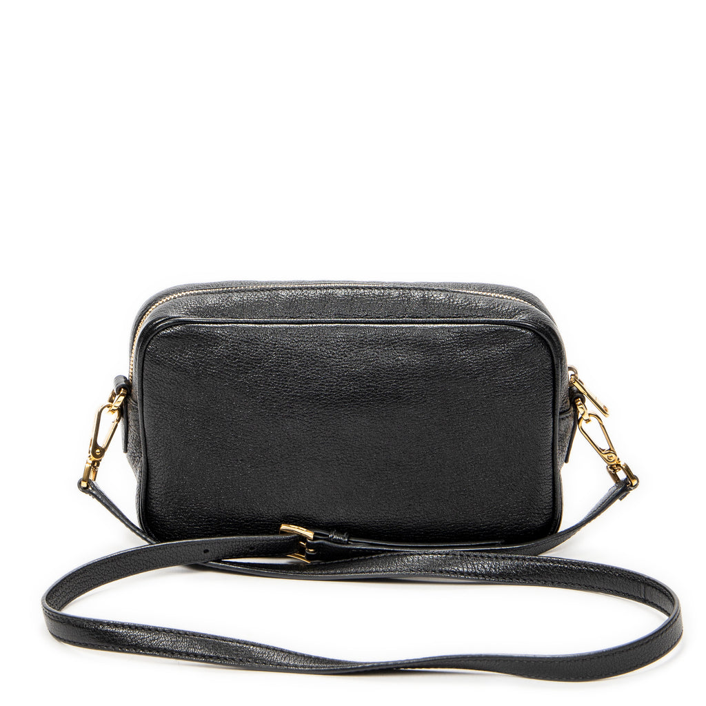 Shoulder Bag Zip Camera Crossbody Black Goatskin Leather