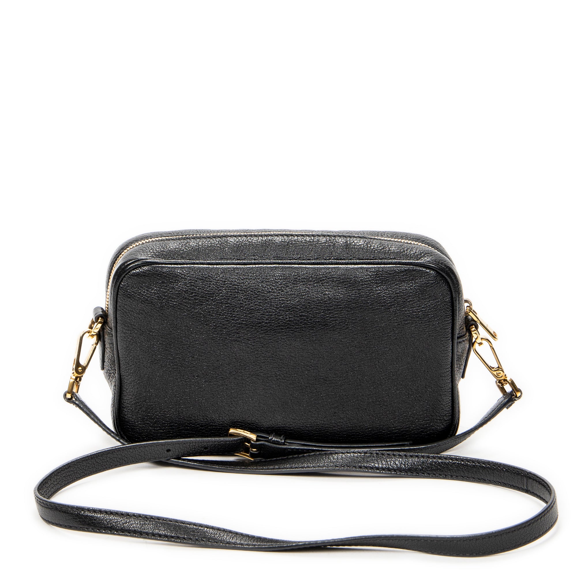 Shoulder Bag Zip Camera Crossbody Black Goatskin Leather