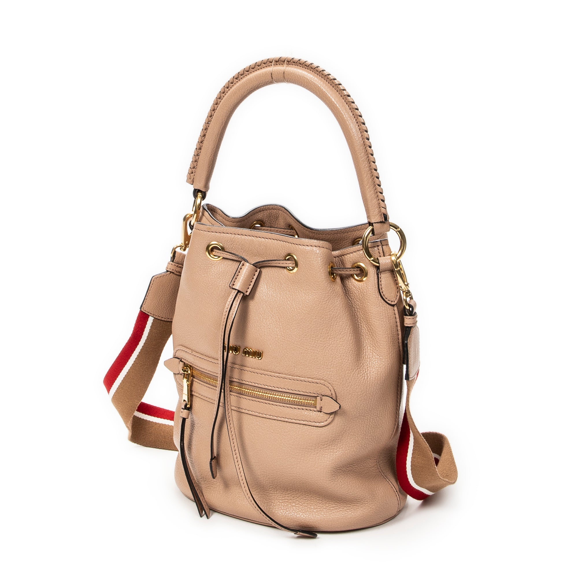 Shoulder Bag Drawstring Bucket Light Pink Pebbled Leather