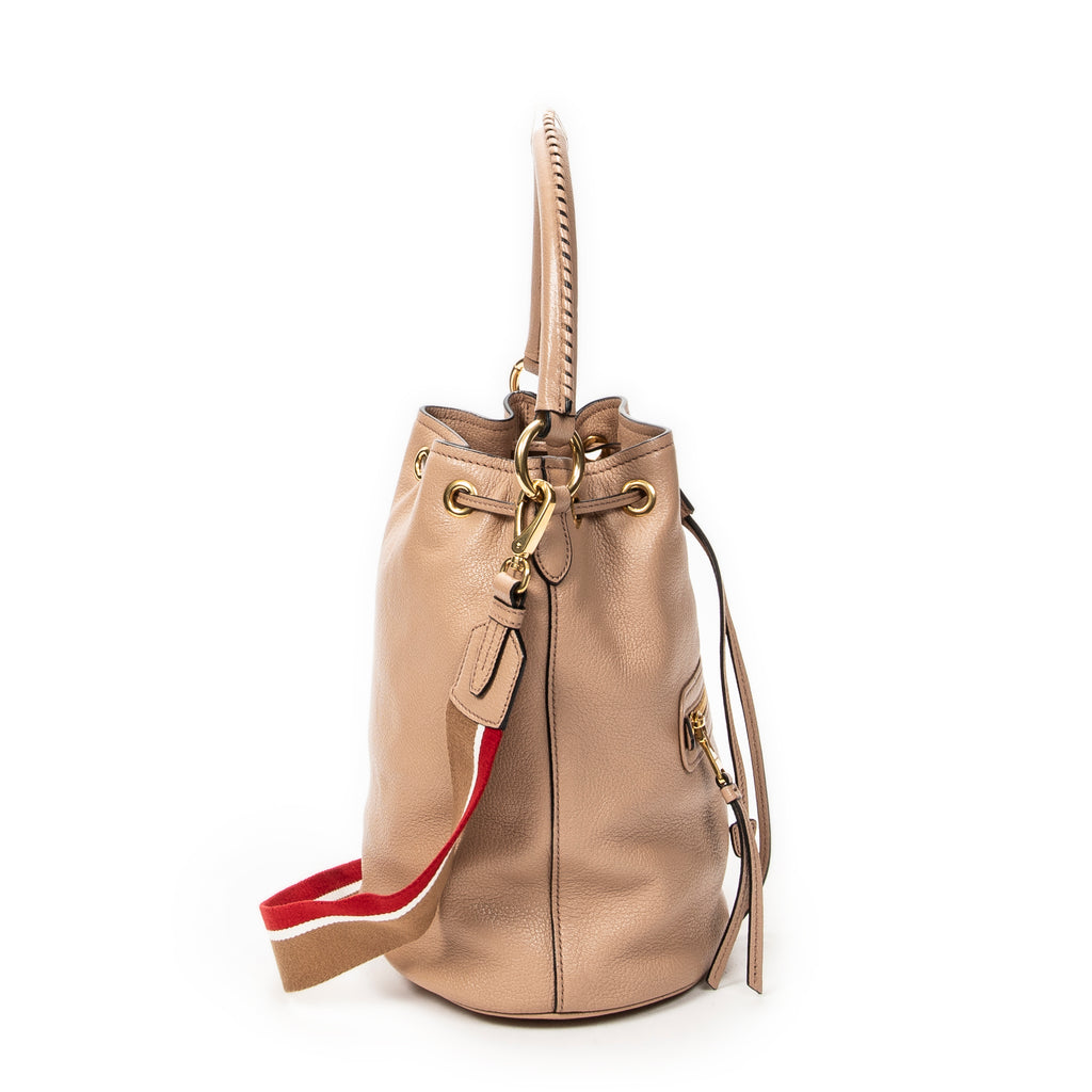 Shoulder Bag Drawstring Bucket Light Pink Pebbled Leather