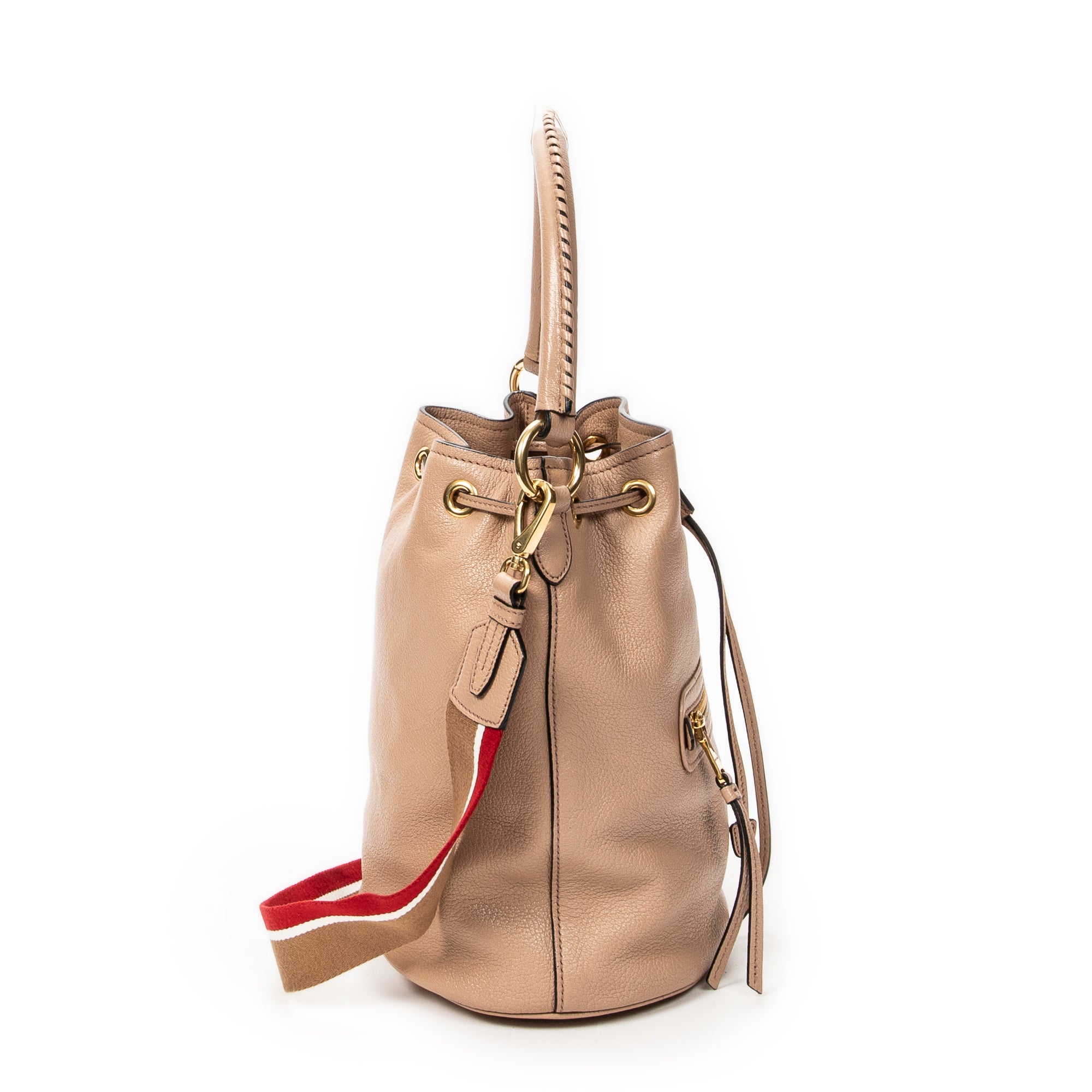 Shoulder Bag Drawstring Bucket Light Pink Pebbled Leather