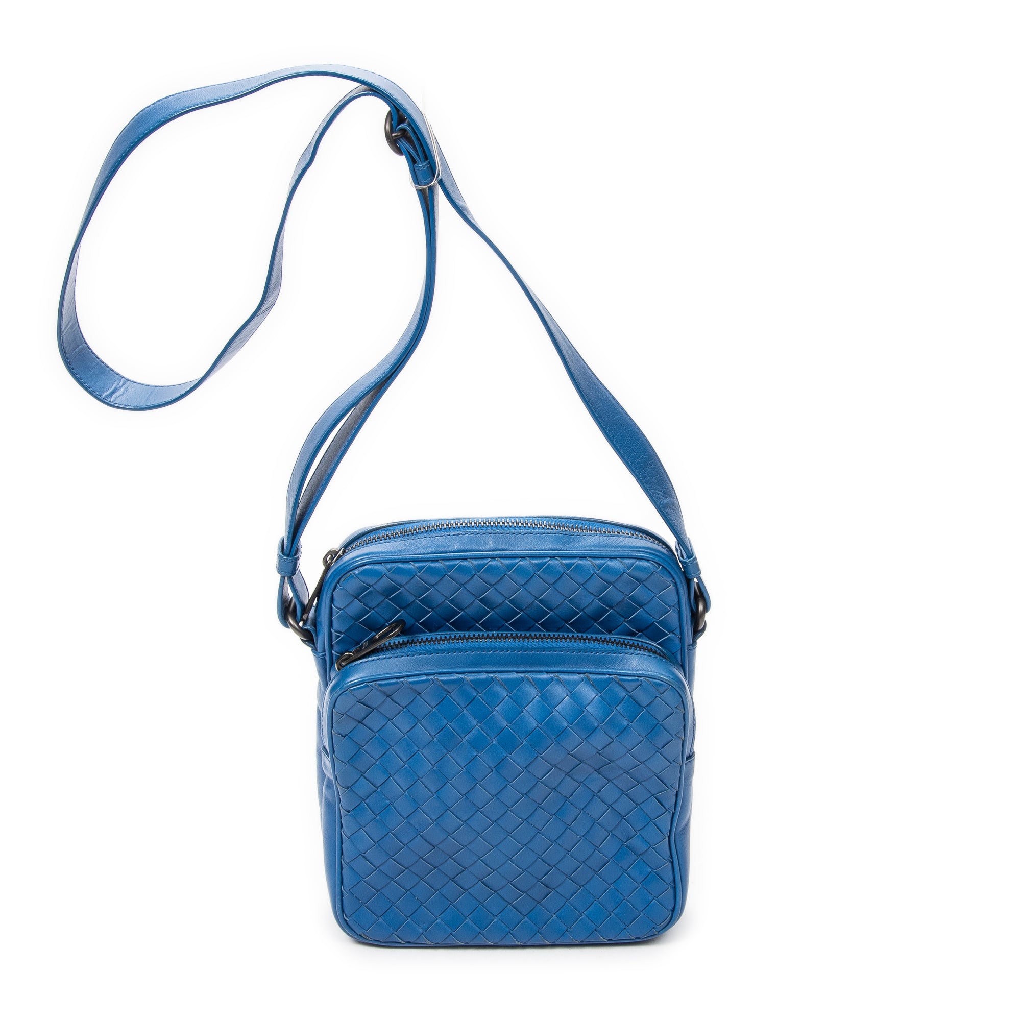 Sac bandoulière petit compartiment avant en cuir Intrecciato bleu