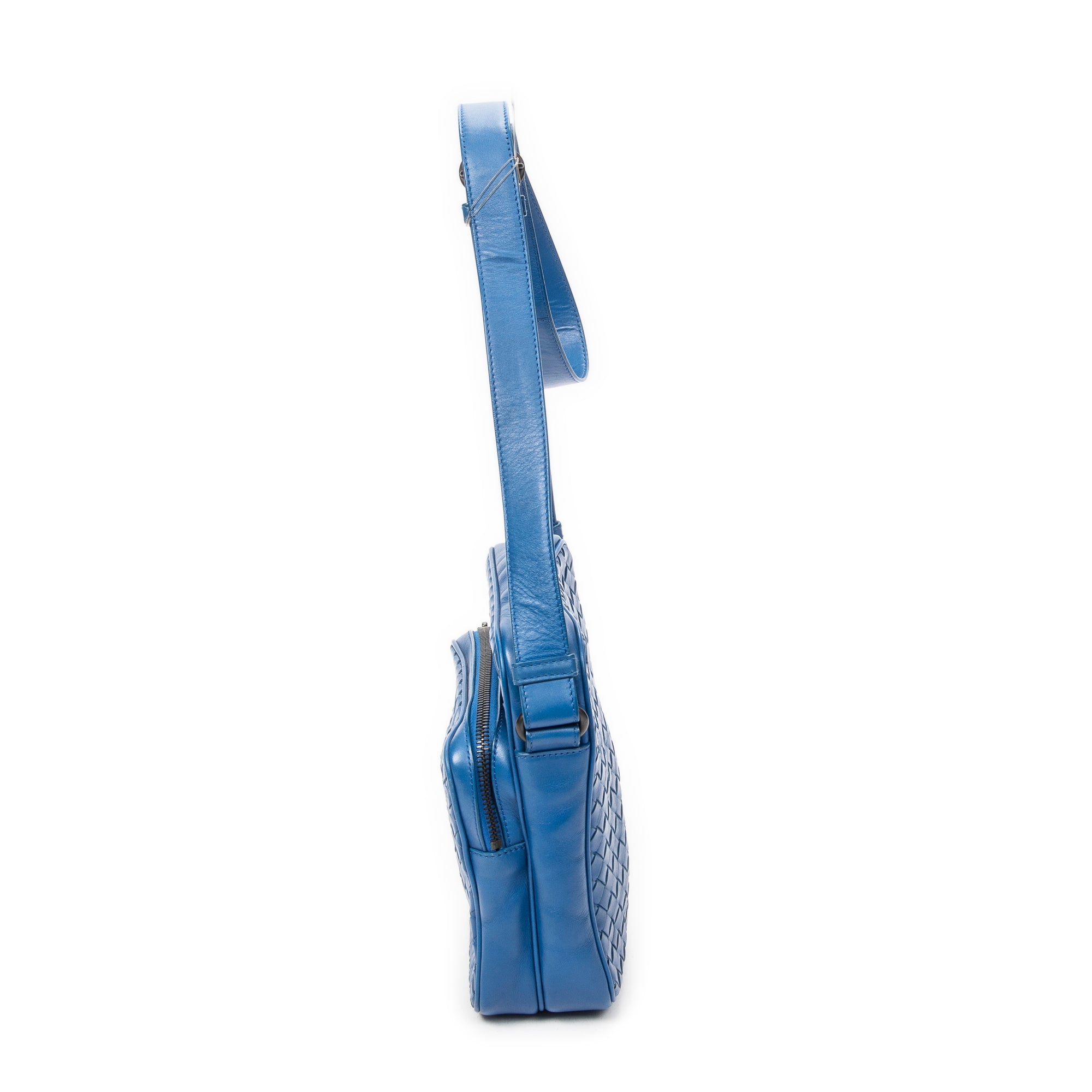 Shoulder Bag Small Front Pocket Crossbody Blue Intrecciato Leather