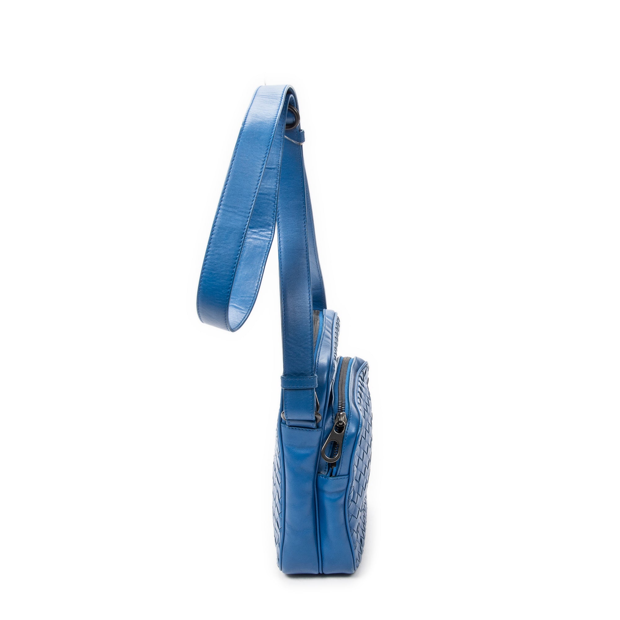 Shoulder Bag Small Front Pocket Crossbody Blue Intrecciato Leather
