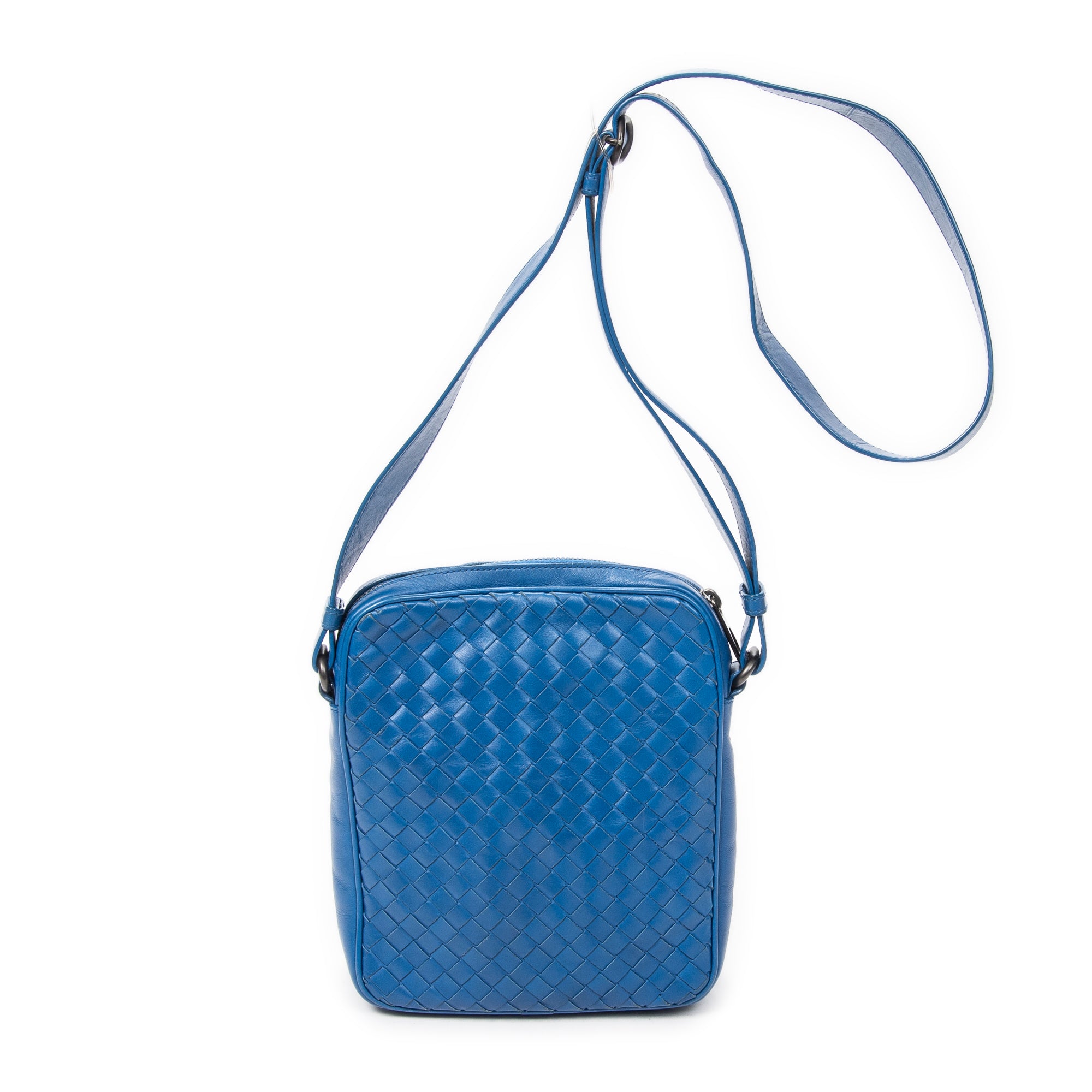 Shoulder Bag Small Front Pocket Crossbody Blue Intrecciato Leather