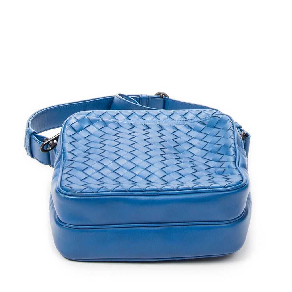 Shoulder Bag Small Front Pocket Crossbody Blue Intrecciato Leather