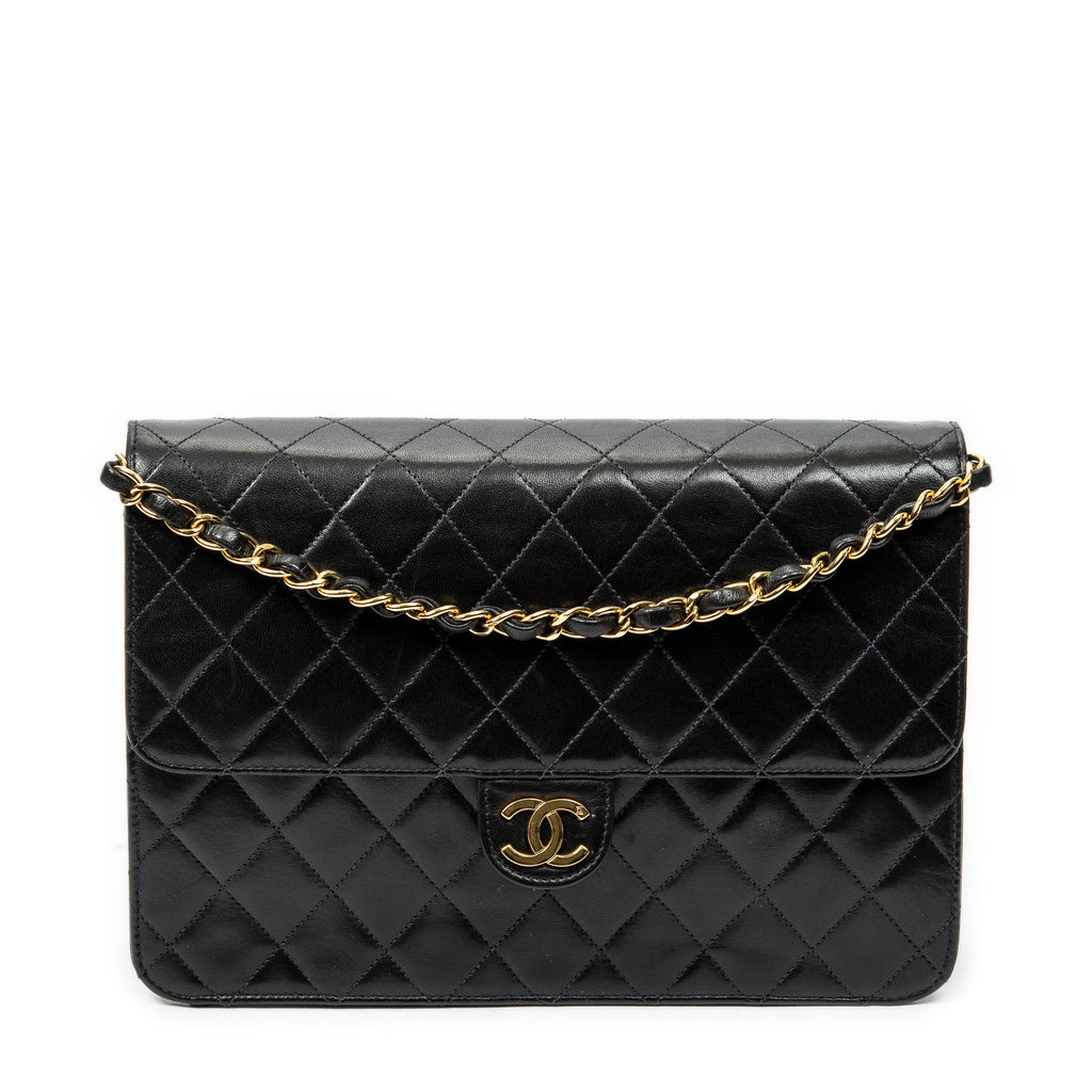 Shoulder Bag Vintage Push Lock Straight Flap Black Quilted Lambskin Leather