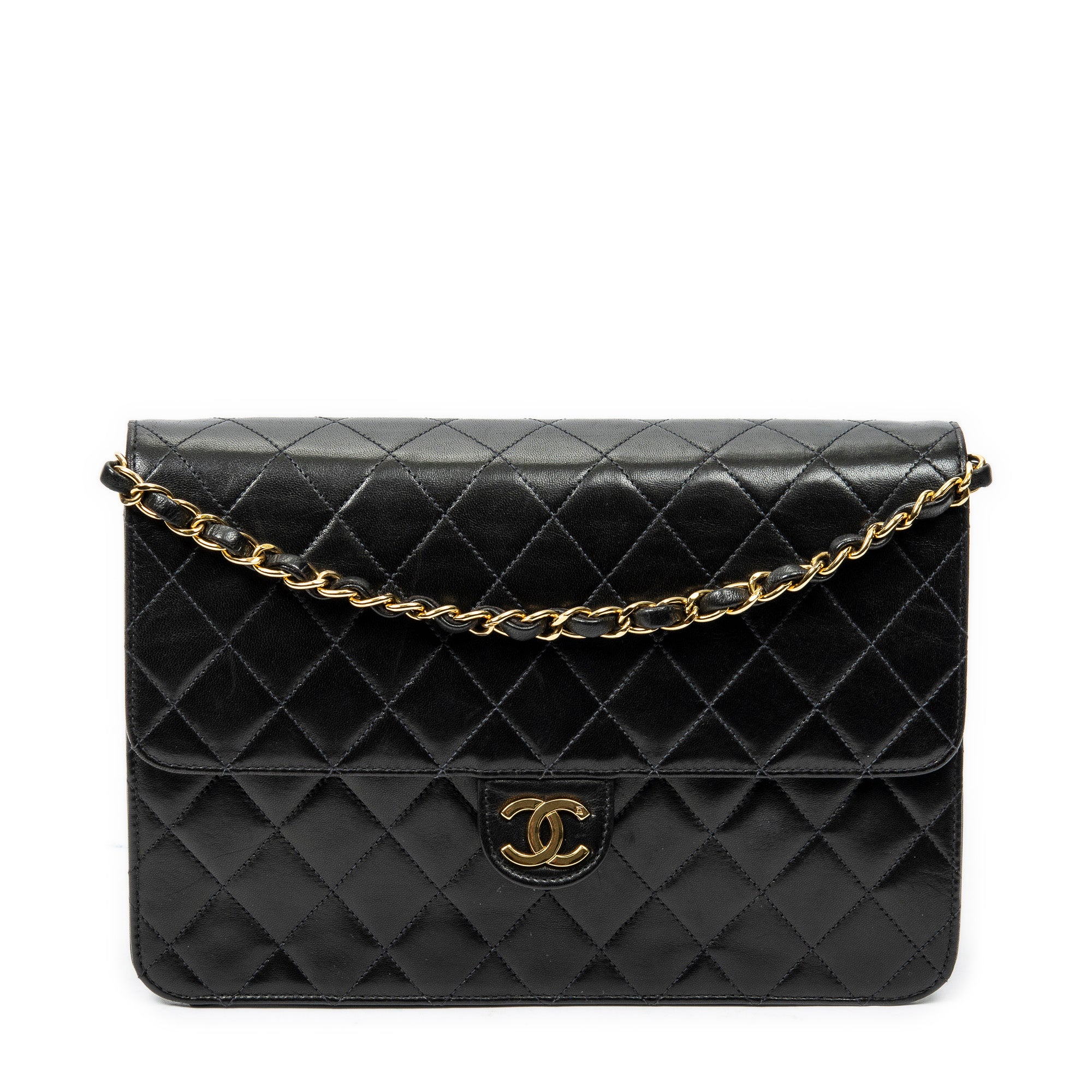 Shoulder Bag Vintage Push Lock Straight Flap Black Quilted Lambskin Leather