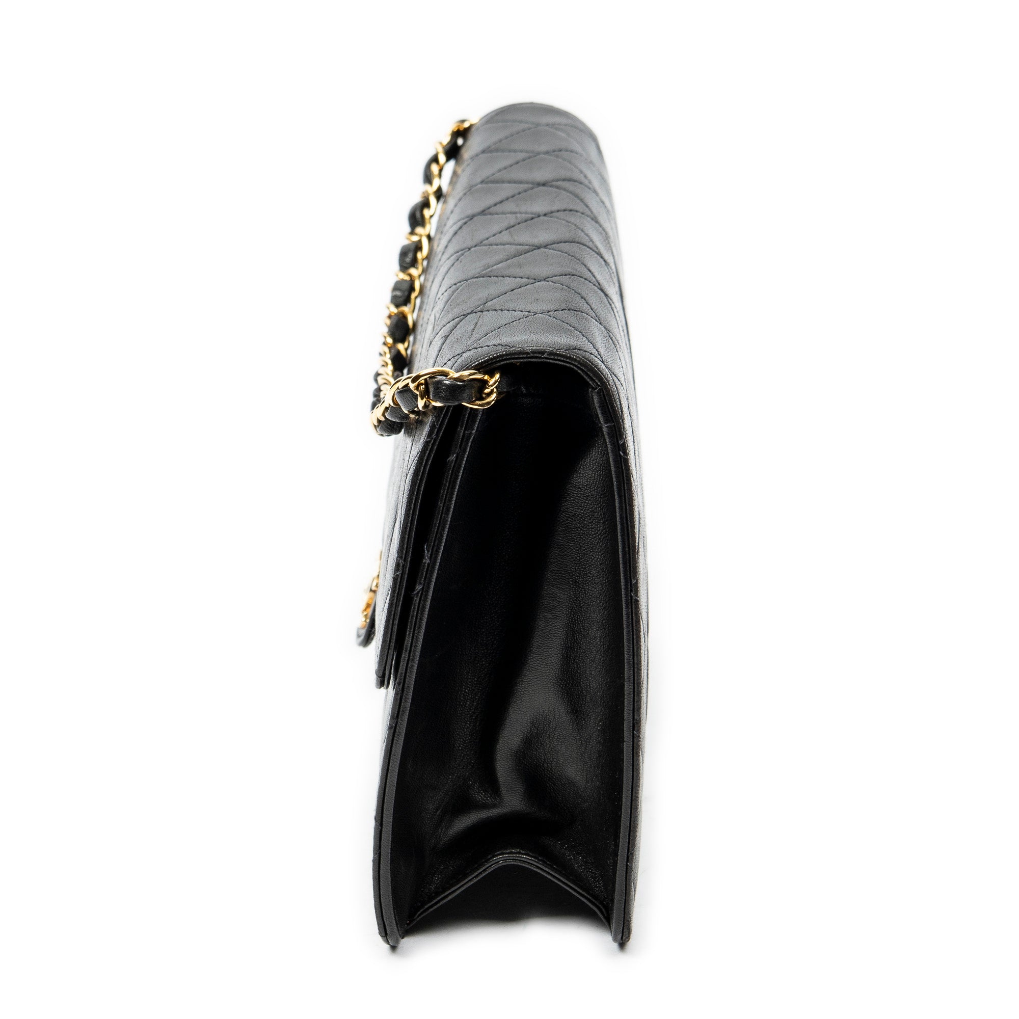 Shoulder Bag Vintage Push Lock Straight Flap Black Quilted Lambskin Leather