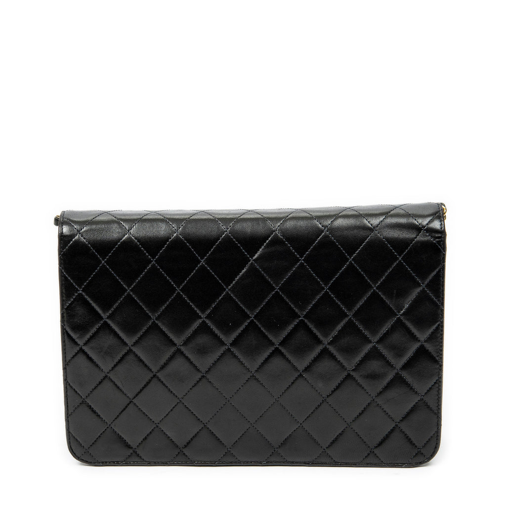 Shoulder Bag Vintage Push Lock Straight Flap Black Quilted Lambskin Leather