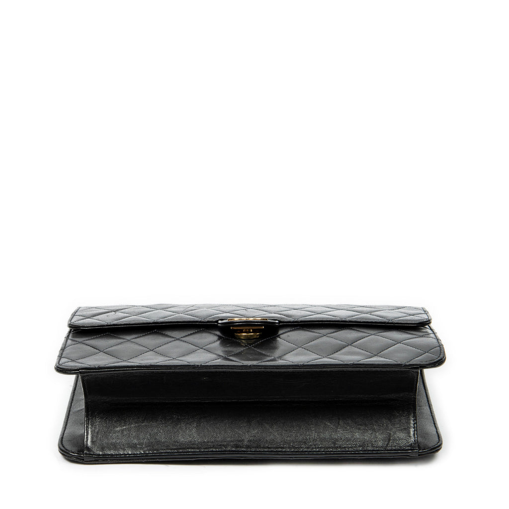 Shoulder Bag Vintage Push Lock Straight Flap Black Quilted Lambskin Leather