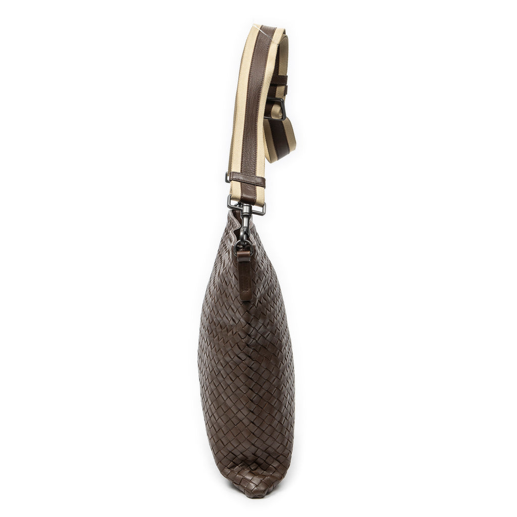 Shoulder Bag Flat Messenger Brown Intrecciato Leather