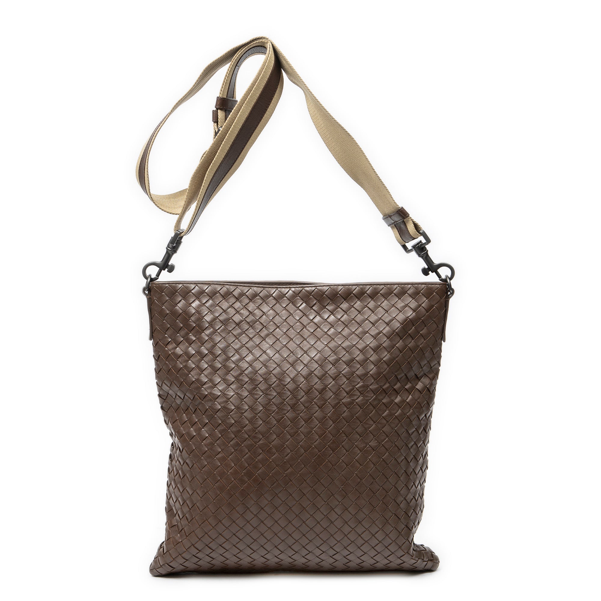 Shoulder Bag Flat Messenger Brown Intrecciato Leather