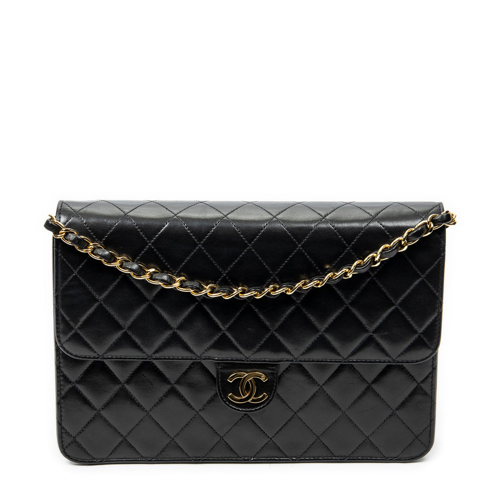 Shoulder Bag Vintage Push Lock Straight Flap Black Quilted Lambskin Leather