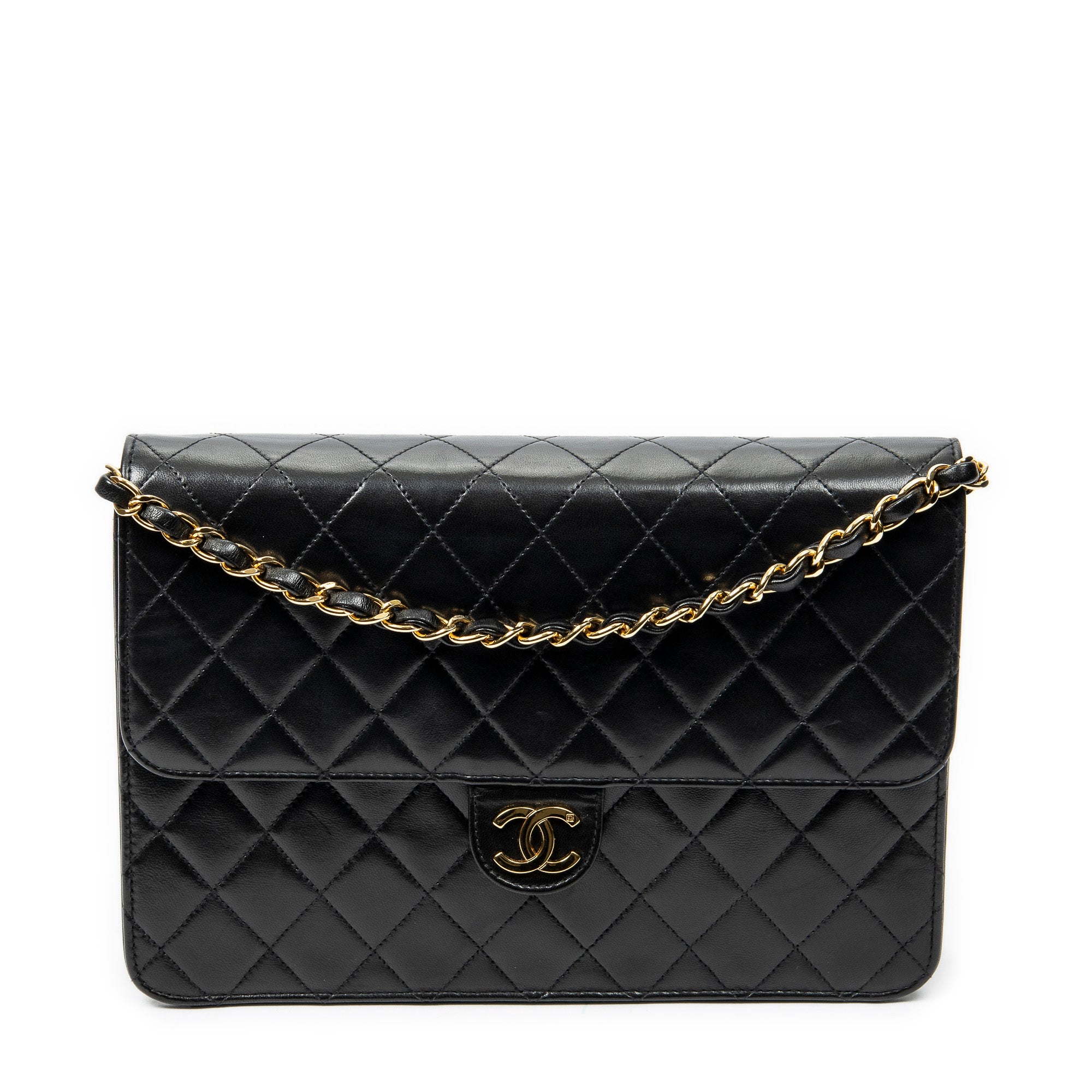 Shoulder Bag Vintage Push Lock Straight Flap Black Quilted Lambskin Leather